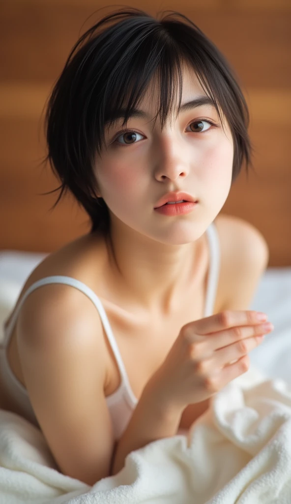 short hair、Very beautiful 14 year old cute girl、Sexy and very beautiful、Very cute face，extremely beautiful、White strapless vest、miniskirt、Knee socks、Lean forward、Pout your hips