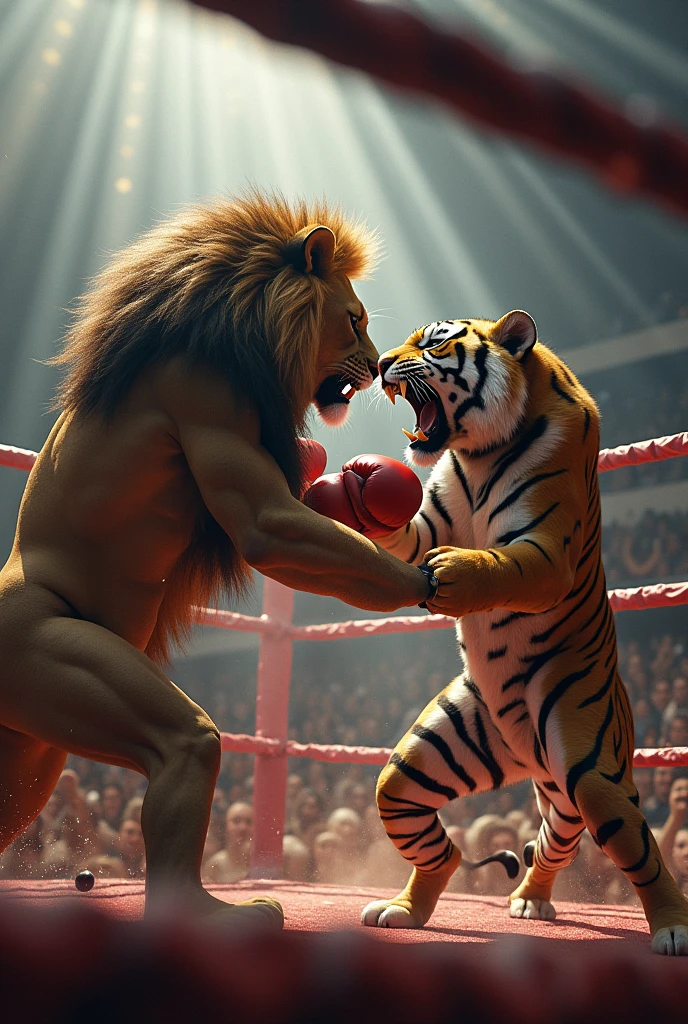 A lion with a human muscular body is kicking a tiger with a human muscular body in a WWE ring. The lion has a fierce face with a thick mane and a powerful, muscular human body. The tiger, with an intense, striped face and a muscular body, is also delivering a kick. Both creatures are in mid-air, their kicks meeting in the center of the ring. The WWE ring is surrounded by a cheering crowd, illuminated by bright stadium lights, capturing the high-energy and action-packed atmosphere of the fight."