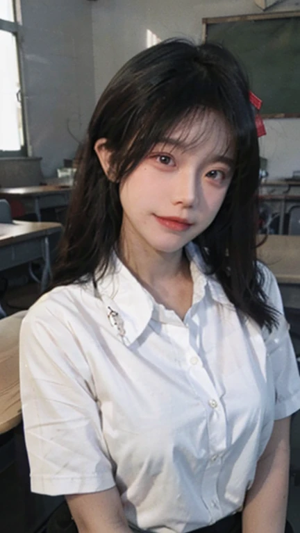 Best quality,masterpiece,ultra high res,(photorealistic:1.4),1girl,sexy,(shirt and tie:1.2),(large breast:1.3),(upper body:1.4)