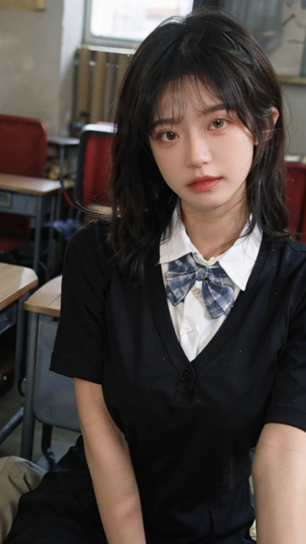 (RAW Photos, Highest quality), (Realistic, Photorealistic:1.3), masterpiece, Very delicate and beautiful, ((Professional Lighting, Light on the face)), ((Black-haired, Bob, short hair, semi-long, Hairside lock)), Beautiful detailed girl, (Detailed fingers), Highly detailed eyes and face, Beautifully detailed nose, Beautiful attention to detail, 1 Girl, (Underarm, Under the glossy Underarm),  (Japanese female junior high school student, 18-year-old), Pure beauty, (cute), young, ((small, skinny, smallヒップ, Beautiful feet, skinny legs skinny knee)), (Side angle cowboy shot, Full Body Shot:1.5), (View your viewers), ((school uniform)), ((Sailor suit, Red tie)), (Short sleeve uniform white shirt), ((Navy, blue and white checkered pleated skirt))), Surreal school girl, Wearing white panties, Upturned buttocks, White thighs, ((From above)), ((Crossing your legs, Sitting at a desk, classroom)), (Indoors in bright daylight:1.2), (Bokeh:1.2), Realistic face, Realistic body,