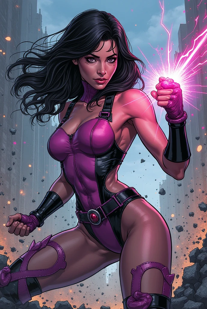 masterpiece, best quality, bronze skinned female, psylocke, abstract background, dynamic pose