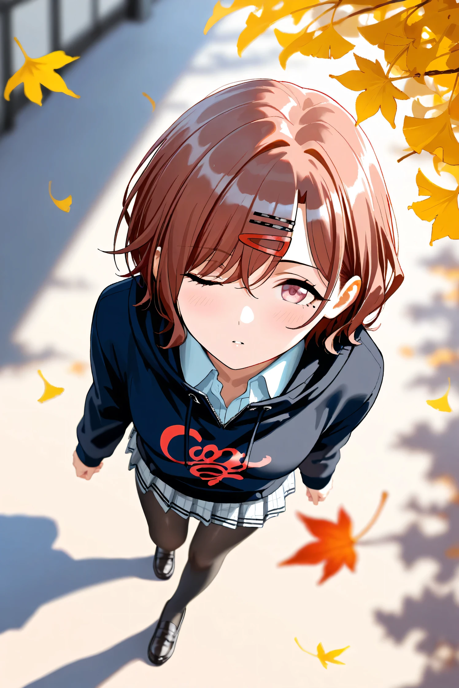 (Masterpiece), (Highest quality), (Very detailed), 
(The best shape), (Best Shadow), (Absurd), 
(Detailed background), (So beautiful), Shiny , 
Extraordinary, Countershading, 8k, 32K, High resolution, Beautiful eyes in every detail,
Very Detailed CG, UHD,

Score_9, Score_8_up, Score_7_up, Source_anime, 
(Pastel painting:1.2), (Watercolor painting:1.2),
(Masterpiece, Detailed:1.2), (Foreshortening:1.3),

Cinematic, Dramatic, (Depth of field:1.4),
(Blurry background:1.4), (Realistic background:1.4),
(Foreshortening:1.3),Dynamic angle, 1 girl,
Outdoor, autumn, Ginkgo, (autumn leaves:1.2),
from above, (High angle:1.1), (wide shot:1.3),

Higuchi Madoka,
The idolmaster shiny colors,

(school uniform:1.3),
hoodie, black hoodie, long sleeves hoodie,
Shirt collar,
Mini skirt, Light blue shirt, 
pantyhose, black pantyhose,
loafers,

(Blush:1.3), Expressionless, parted lips,
Hand guard from sun light,
looking up, one eye closed, looking at viewer,
Realistic skin, Shiny skin,