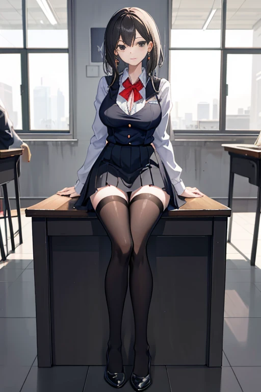 1girl, teacher, classroom, beautiful face, breasts, full body, dominant, legs, smirk, high heels