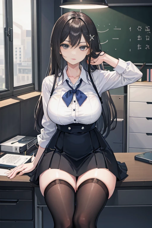/(Modern office indoors/), (masterpiece, best quality:1.4), 1girl, solo, petite, (an extremely beautiful and delicate), green eyes, fox ears, (black fox tail:1.2),long black hair, medium hair, hair between eyes, ponytail, medium breasts, business suit,button gap, black skirt, kneehigh socks, loafers, indoors, office, cleavage, closed_mouth, large_breasts, long_hair, looking_at_viewer, navel, signature, solo, posing,thighs, tall female, on back, narrow waist, naughty face, flustered, surprised,(masterpiece, best quality:1.4),high quality, highly detailed,detailed,perfect,sitting, on chair,