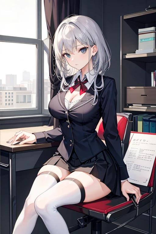 (Highest quality, High resolution, Very detailed), 1 female, Silver Hair, Long Hair, Reddish brown eyes, suit skirt, lace thong, garter belt, secretary, 24th generation, Beautiful woman, mature, quiet, Calm, Large Breasts, A small smile, office,