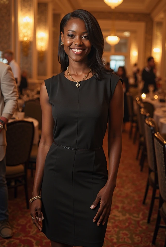 Asha, 1girl, solo, (((Ebony))), (((Dark skin))), (((SFW))), (((non-explicit))), 30 years old, (mature), wearing Wrap Dresses, leaning shot, smiling, upper body and upper legs, medium long hair, inside Fine Dining Restaurants