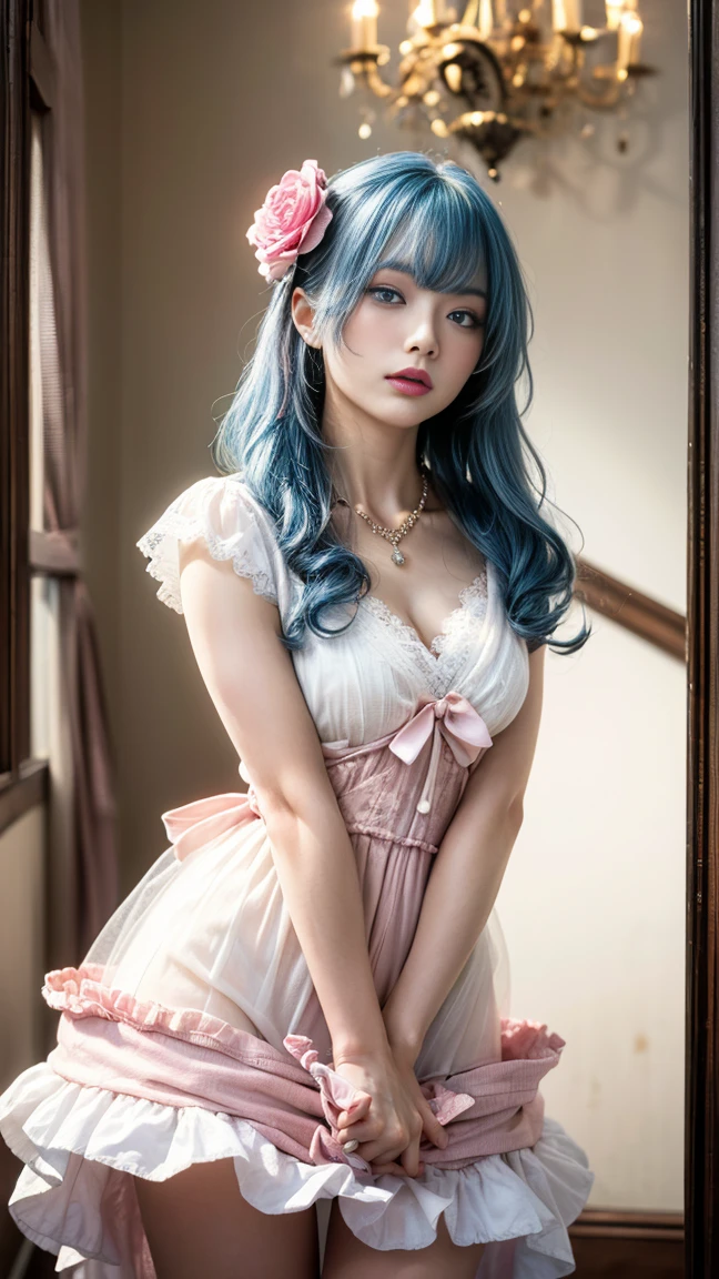 Beautiful girl, highly detailed beautiful face, smiling, blushing, blue hair, looking at viewer, frilly checked lolita dress, sitting, legs spread and knees bent, arms folded behind back, white thong, chapel, indoors, best quality, masterpiece, absurd, high resolution, ultra detailed, highly detailed, 32k, 8k resolution, intricate details, cinematic scene, detailed background, solo, dynamic angle, realistic, front view