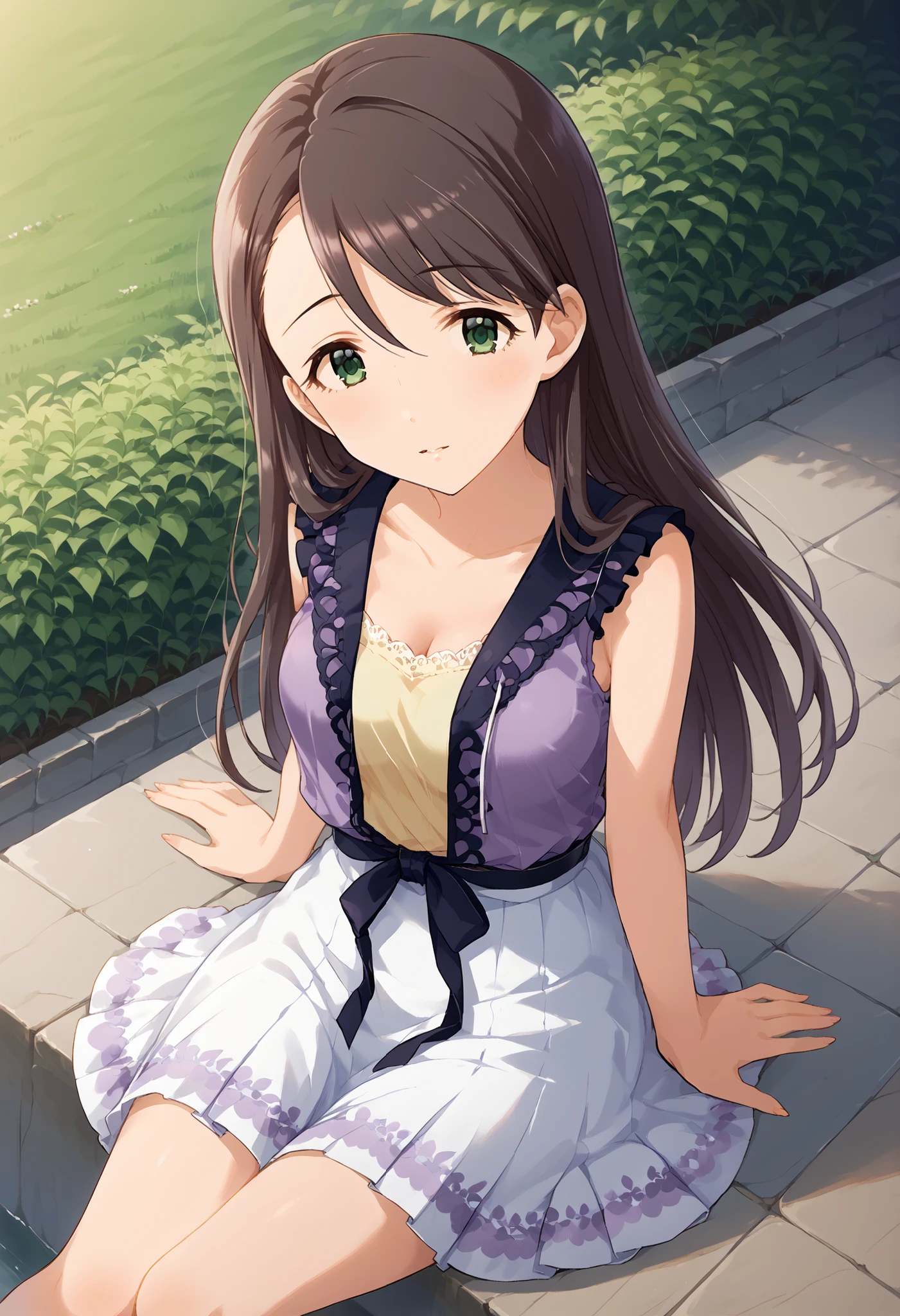 (((Nishikawa Honami ))),((private clothes)),purple sleeveless,white short skirt,Outdoors,((shot from above)),medium breasts,open chest,thigh,sit,long hair,Ulchan-6500-v1.1, ( RAW photos :1.2), Beautiful Detailed, very detailedな目 美しい目,beautiful eyes,GREEN EYES ,file size is large, high resolution, very detailed, top quality, [masterpiece:1.6], Awareness-raising, very detailed, CG, finely, top quality, 8K wallpaper, perfect body shape,very detailed