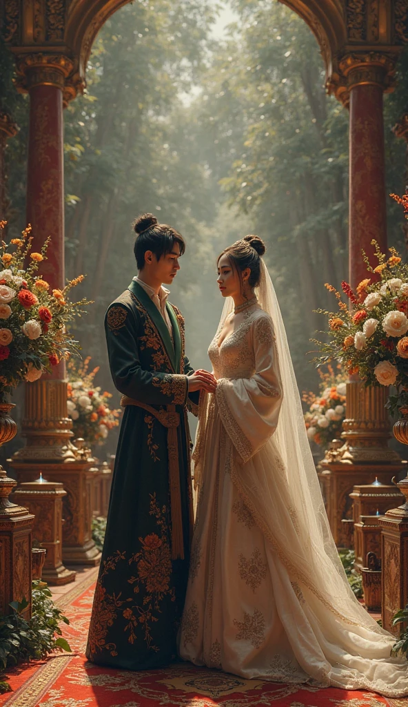 professional wedding photography, (Masterpiece), (intriciate detail), (photorealestic:1.3), (film grain:1.3), (perfect anatomia:1.3), epiCRealism, break, India, at the Taj Mahal, break, a romantic photoshoot of a handsome man and cute woman couple), wearing elegant outfits