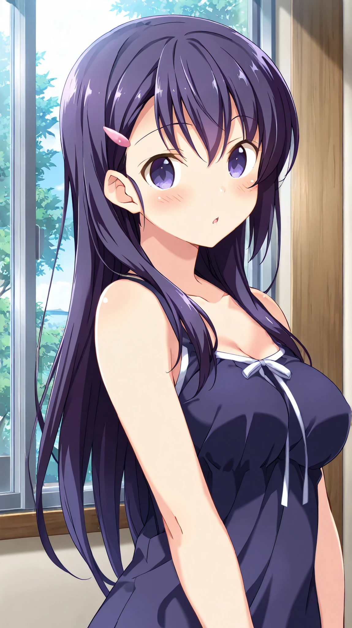 best_quality, detailed_background, 1girl, long hair, purple hair, purple eyes, medium breasts, imouto