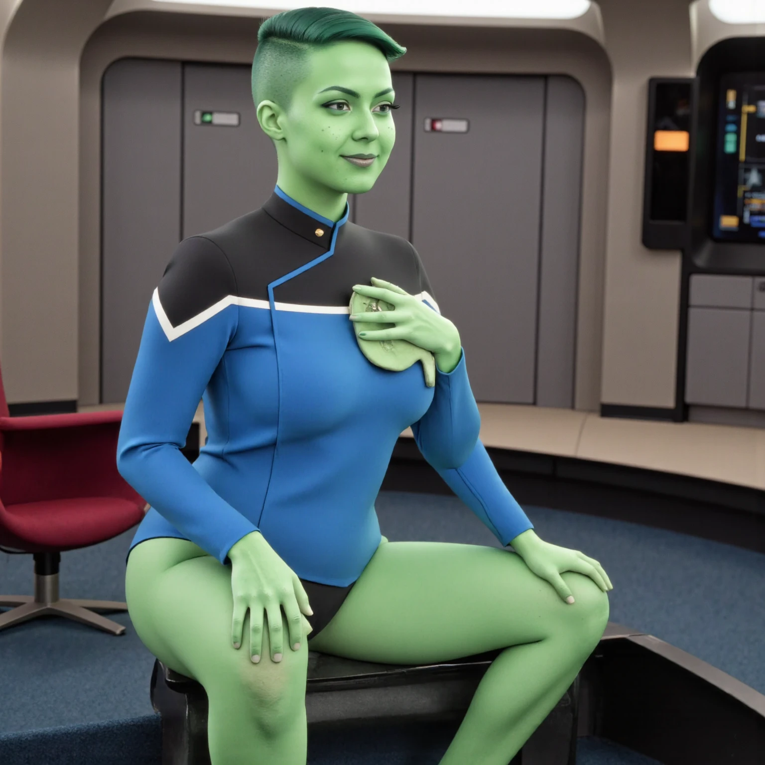 Gamora,pele verde,cabelo multicolorido,olhos vermelhos, Bodysuit preto e branco,armaduras,luvas brancas brancas, decote,
standing,tronco,quadris,(sorriso:0.8),
alien planet,(incrivelmente detalhado, lindo rosto detalhado,lindos olhos detalhados, Obra de arte, melhor qualidade),