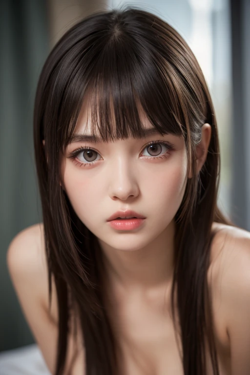 foto de uma mulher ((branca)), com olhos castanhos, cabelos longos, cabelo preto, boca com batom preto, em um quarto sentada em uma cadeira em prente uma janela, Low-light room