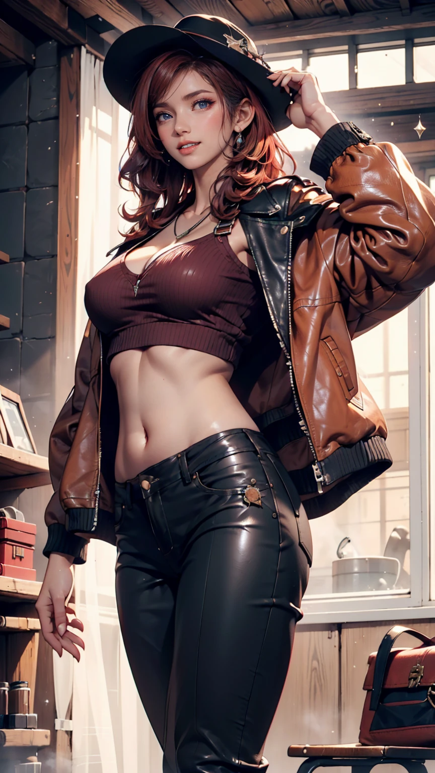 Pose de modelo sexy, obra de arte, melhor qualidade, high resolution, 1 garota, (Pokémon), cabelo laranja, Sozinho, rabo de cavalo lateral, Athletic body, cabelo laranja, barriga, black shirt, cleavage, leather jacket, open jacket, leather skirt, knee-high black leather boots, umbigo, cabelo curto, sorriso, seios grandes, tiro de corpo inteiro, cidade, high resolution, very high resolution, 1080P, 4k, 8k, 16k, muito detalhado, realista, perfect detailed hands, detailed face, detailed nose, detailed mouth, detailed eyes, 8k, Cinema 4D, Arte extremamente detalhado, Arte Digital 4K