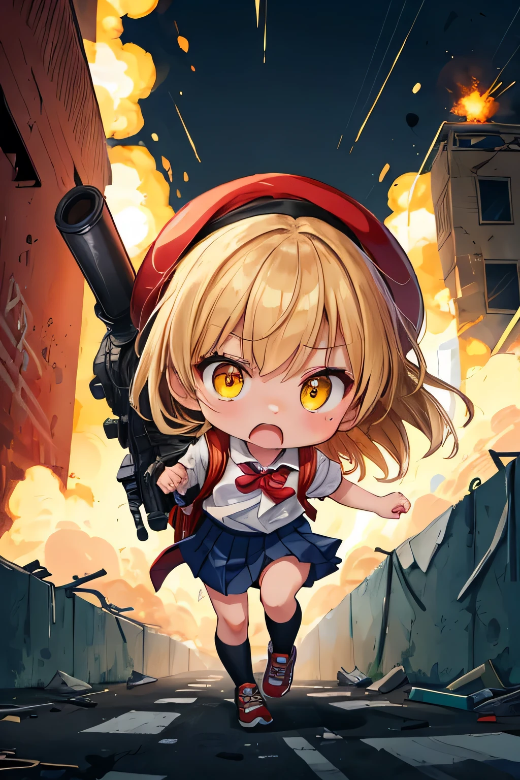 (masterpiece, best quality, ultra detailed, high-res, 8K), in focus:1.1, close up girl:1.1, chibi, 3.5 heads tall:1.1, confident smile:1.1, running:1.3, wearing a slightly tattered school uniform, wearing randoseru backpack:1.3, red backpack, kiirobou:1.3, yellow hat:1.3, holding a huge bazooka with exaggerated effort:1.2, running in a chaotic urban warzone:1.1, background with only a hint of explosions and destruction:1.1, graffiti-covered walls faintly visible, cinematic lighting focusing on the character, dynamic perspective with motion blur, fun and action-packed vibe