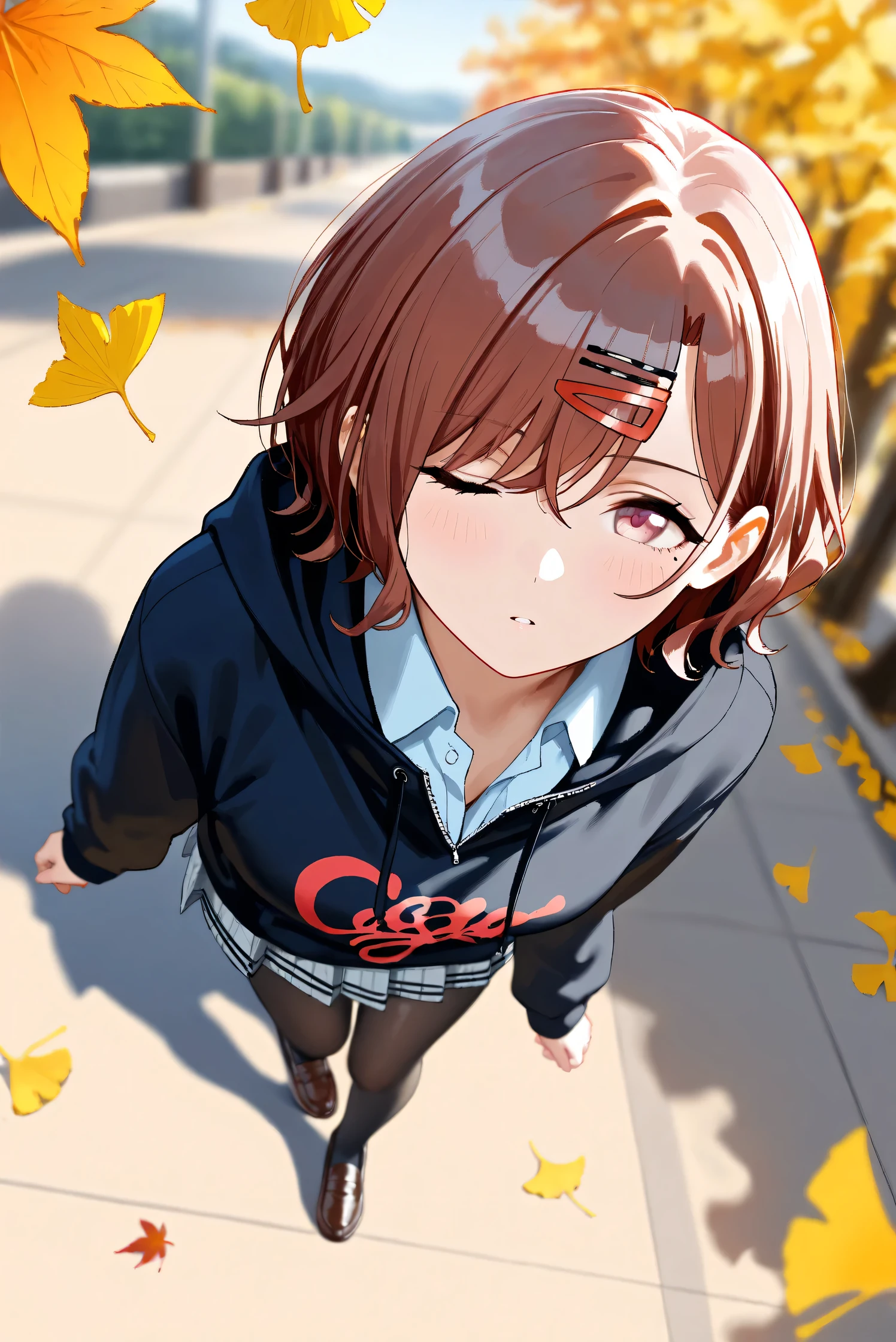 (Masterpiece), (Highest quality), (Very detailed), 
(The best shape), (Best Shadow), (Absurd), 
(Detailed background), (So beautiful), Shiny , 
Extraordinary, Countershading, 8k, 32K, High resolution, Beautiful eyes in every detail,
Very Detailed CG, UHD,

Score_9, Score_8_up, Score_7_up, Source_anime, 
(Pastel painting:1.2), (Watercolor painting:1.2),
(Masterpiece, Detailed:1.2), (Foreshortening:1.3),

Cinematic, Dramatic, (Depth of field:1.4),
(Blurry background:1.4), (Realistic background:1.4),
(Foreshortening:1.3),Dynamic angle, 1 girl,
Outdoor, autumn, Ginkgo, (autumn leaves:1.2),
from above, (High angle:1.2), (wide shot:1.3),

Higuchi Madoka,
The idolmaster shiny colors,

(school uniform:1.3),
hoodie, black hoodie, long sleeves hoodie,
Shirt collar,
Mini skirt, Light blue shirt, 
pantyhose, black pantyhose,
loafers,

(Blush:1.3), Expressionless, parted lips,
Hand guard,
looking up, one eye closed, looking at viewer,
Realistic skin, Shiny skin,