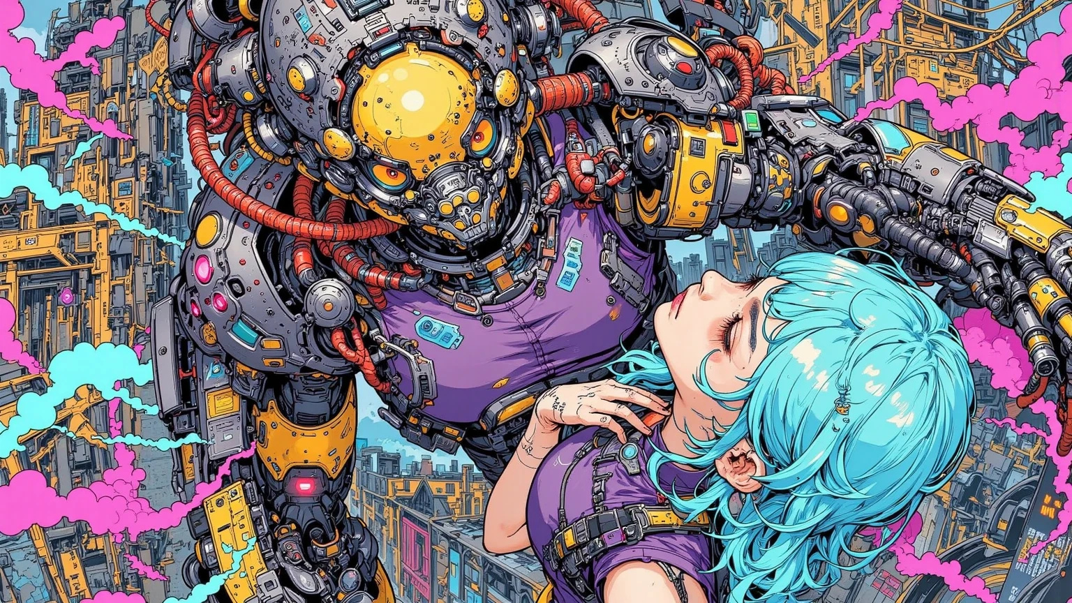 japanese schoolgirl hugging a giant scary teddy toy, fluffy, by josan gonzalez