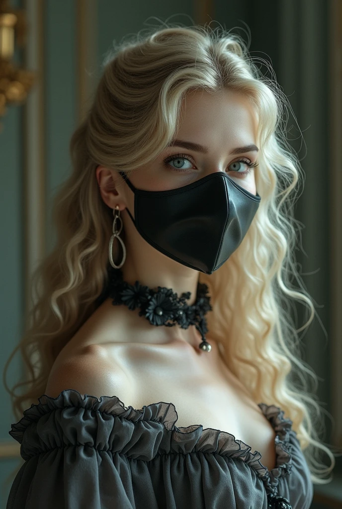 full-bodied blonde European 35-year-old girl visiting Hungary Budapest night black leather body-hugging short high-neck evening dress, black lace veil covering her face, silver earrings, silver necklace, silver bracelet, long blonde wavy hair, blue eyes, big breast, serious, eye to eye photographed, street lighting, shallow depth of field, bokeh