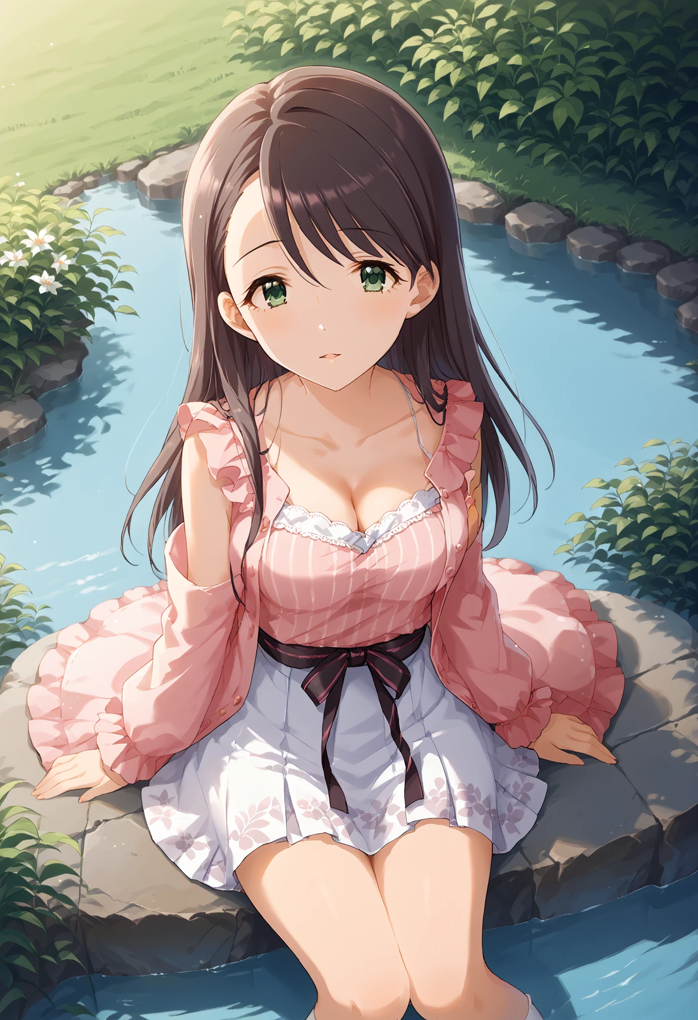 (((Nishikawa Honami ))),((private clothes)),pink sleeveless,white short skirt,Outdoors,((shot from above)),medium breasts,open chest,cleavage,thigh,sit,long hair,Ulchan-6500-v1.1, ( RAW photos :1.2), Beautiful Detailed, very detailedな目 美しい目,beautiful eyes,GREEN EYES ,file size is large, high resolution, very detailed, top quality, [masterpiece:1.6], Awareness-raising, very detailed, CG, finely, top quality, 8K wallpaper, perfect body shape,very detailed
