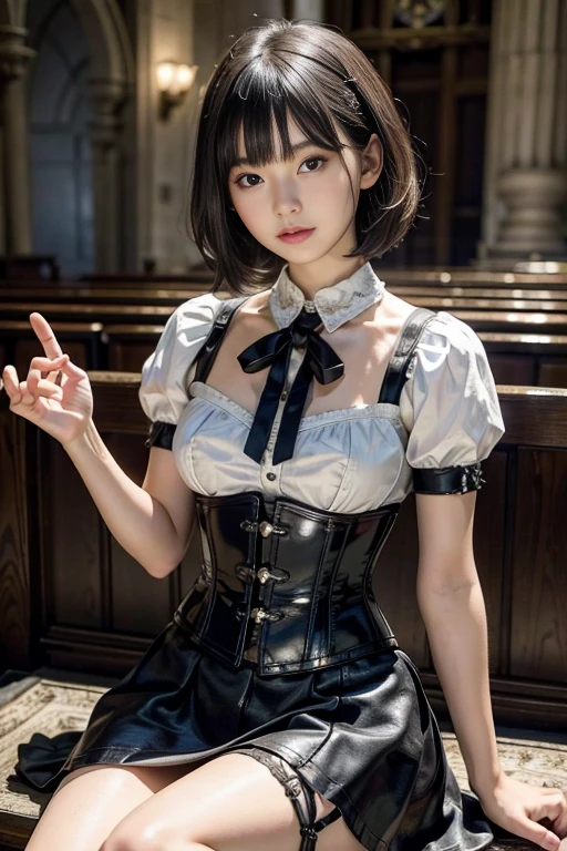 masterpiece, 1 beautiful girl, best quality, 超high resolution, (Reality: 1.4), original photo, movie lighting, Japan, asian beauty, Super beautiful, Beautiful skin, Thin, (超Reality的な), (high resolution), (8K), (Very detailed), (Best Illustration), (beautiful thin eyes), (Super detailed) , Delicate face, Looking at the audience, Direct vision, (Lemon dress,Leather Corset Dress) , short hair, Black Hair, 46 points side bangs, A white church, Neat atmosphere,mini skirt,Garter belt,sit,Spread your legs:1.3
