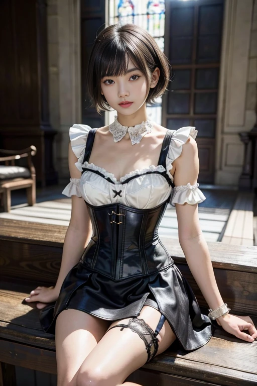 masterpiece, 1 beautiful girl, best quality, 超high resolution, (Reality: 1.4), original photo, movie lighting, Japan, asian beauty, Super beautiful, Beautiful skin, Thin, (超Reality的な), (high resolution), (8K), (Very detailed), (Best Illustration), (beautiful thin eyes), (Super detailed) , Delicate face, Looking at the audience, Direct vision, (Lemon dress,Leather Corset Dress) , short hair, Black Hair, 46 points side bangs, A white church, Neat atmosphere,mini skirt,Garter belt,sit,Open your legs