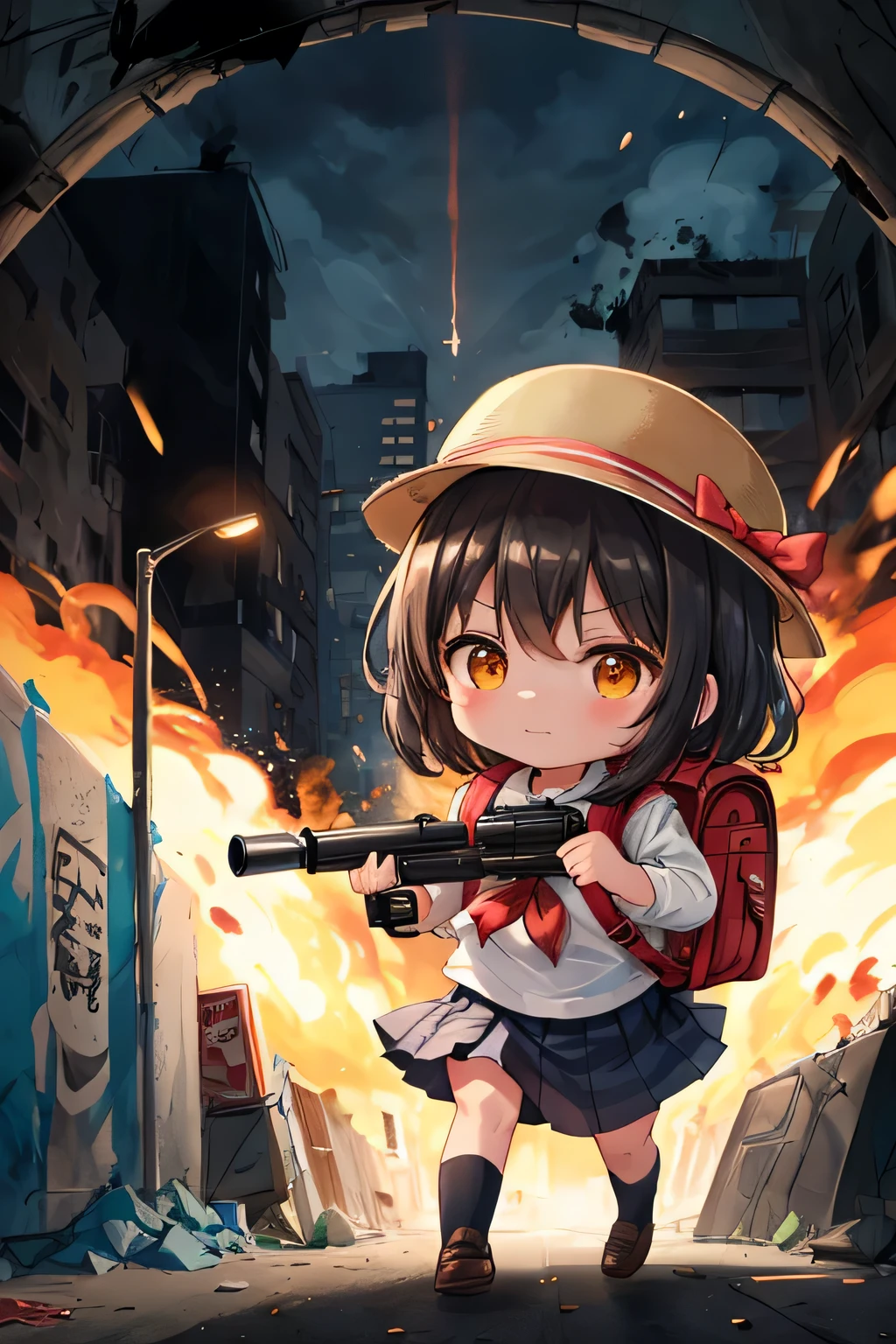 (masterpiece, best quality, ultra detailed, high-res, 8K), in focus, close up girl:1.1, chibi:1.1, 3 heads tall:1.1, innocent smile:1.3, wearing a slightly tattered school uniform, wearing randoseru backpack:1.3, red backpack, kiirobou:1.3, yellow hat:1.3, holding a huge bazooka with exaggerated effort:1.2, running in a chaotic urban warzone:1.1, background with only a hint of explosions and destruction:1.2, graffiti-covered walls faintly visible, cinematic lighting focusing on the character, dynamic perspective with motion blur, fun and action-packed vibe