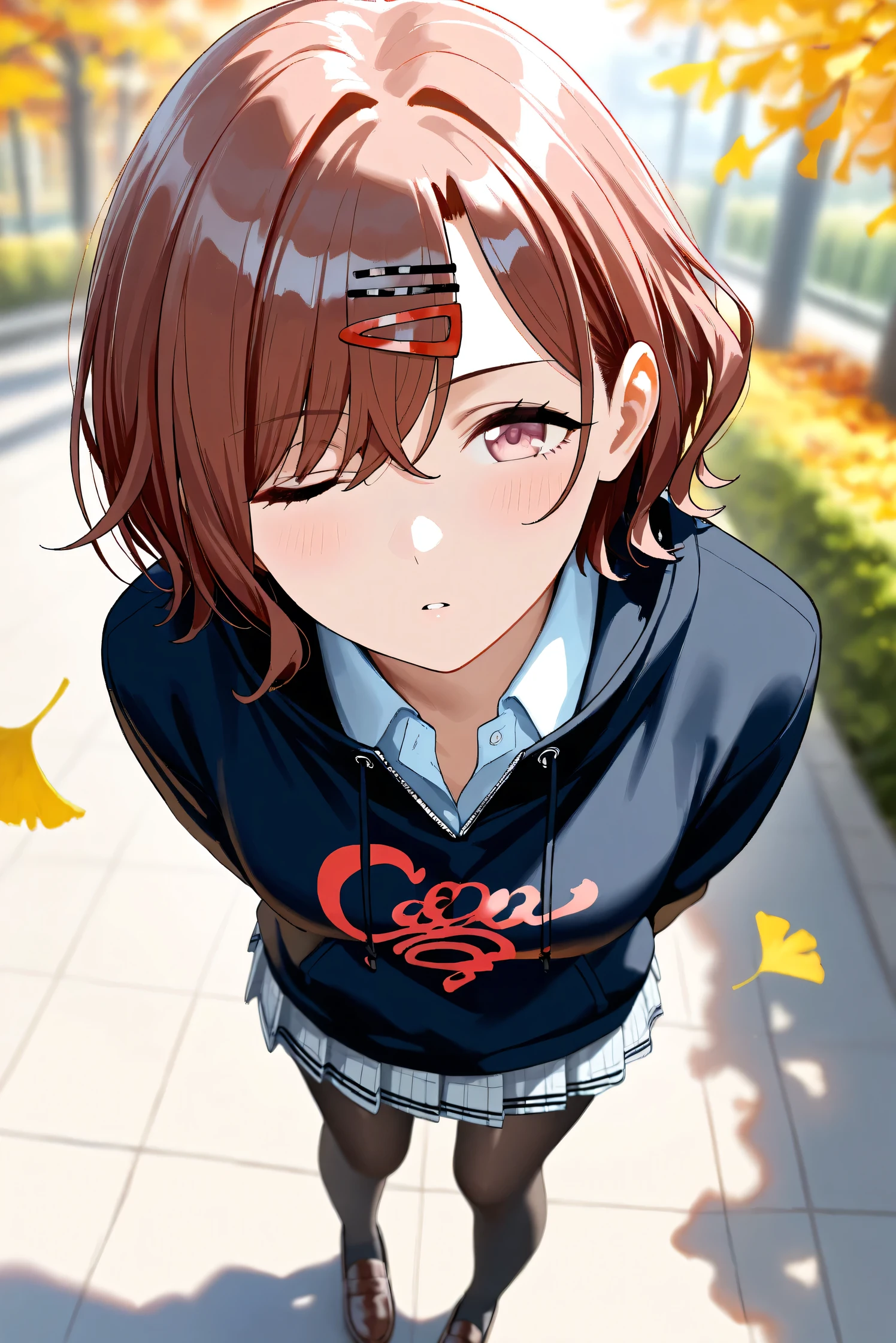 (Masterpiece), (Highest quality), (Very detailed), 
(The best shape), (Best Shadow), (Absurd), 
(Detailed background), (So beautiful), Shiny , 
Extraordinary, Countershading, 8k, 32K, High resolution, Beautiful eyes in every detail,
Very Detailed CG, UHD,

Score_9, Score_8_up, Score_7_up, Source_anime, 
(Pastel painting:1.2), (Watercolor painting:1.2),
(Masterpiece, Detailed:1.2), (Foreshortening:1.3),

Cinematic, Dramatic, (Depth of field:1.4),
(Blurry background:1.4), (Realistic background:1.4),
(Foreshortening:1.3),Dynamic angle, 1 girl,
Outdoor, autumn, Ginkgo, (autumn leaves:1.2),
from above, (High angle:1.2), (wide shot:1.3),

Higuchi Madoka,
The idolmaster shiny colors,

(school uniform:1.3),
hoodie, black hoodie, long sleeves hoodie,
Shirt collar,
Mini skirt, Light blue shirt, 
pantyhose, black pantyhose,
loafers,

(Blush:1.3), Expressionless, parted lips,
Hand guard,
looking up, one eye closed, looking at viewer,
Realistic skin, Shiny skin,