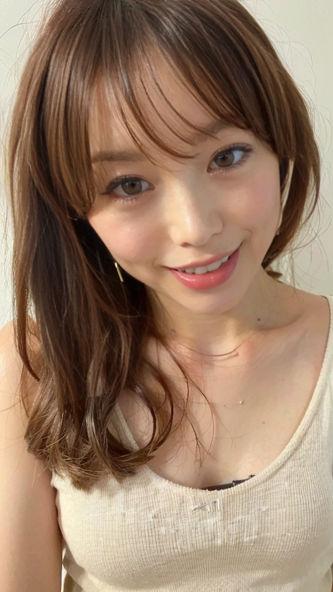 woman、Completely naked、Large Breasts、woman器、smile、View from the front、Dripping saliva、woman器から白い液が流れる、Nipples get erect、Are standing、Bedroom