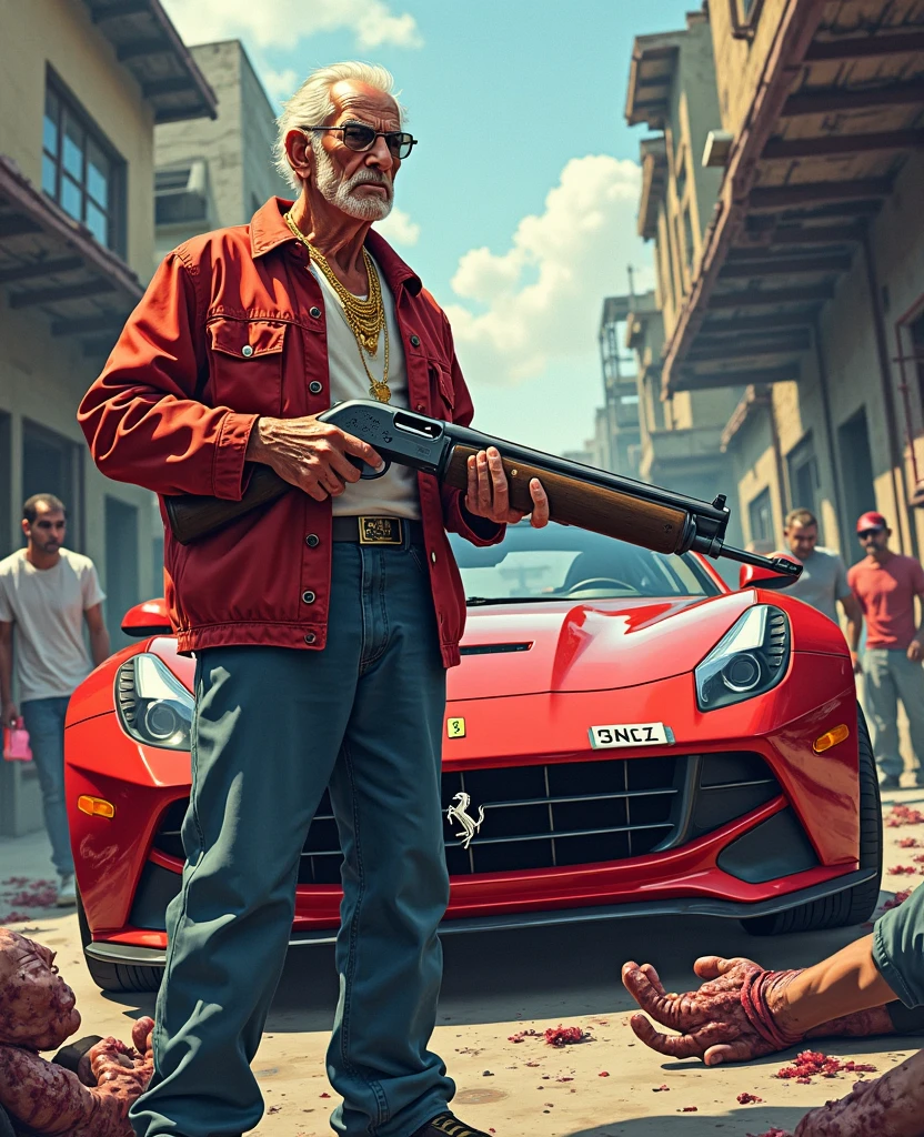 digital illustration, gta video theme, red ferrari, gang war,  old man with shut gun, gold necklace,  wounded people, The image should be dynamic, with bright colors and strong contrasts
