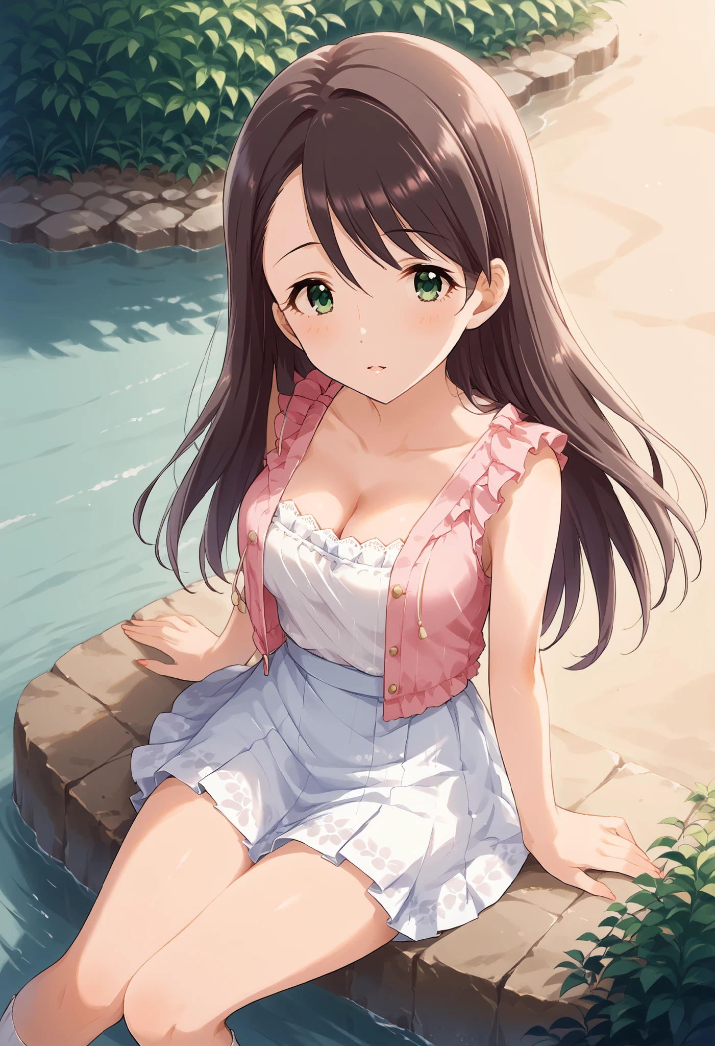 (((Nishikawa Honami ))),pink sleeveless,white short skirt,Outdoors,((shot from above)),medium breasts,open chest,cleavage,thigh,sit,long hair,Ulchan-6500-v1.1, ( RAW photos :1.2), Beautiful Detailed, very detailedな目 美しい目,beautiful eyes,GREEN EYES ,file size is large, high resolution, very detailed, top quality, [masterpiece:1.6], Awareness-raising, very detailed, CG, finely, top quality, 8K wallpaper, perfect body shape,very detailed