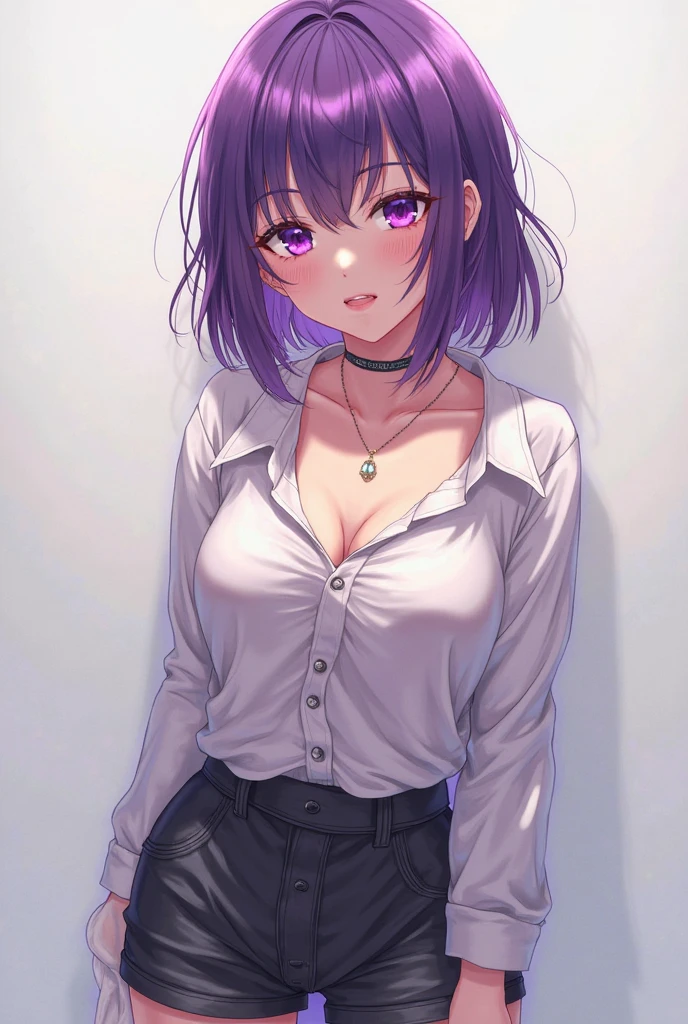 purple eyes, (best quality, masterpiece painting:1.3), Oboro, mature female, 26yo, (half body shot:1.3), schoolgirl, school uniform, (seductive look:1.5), purple hair, short hair, stacked bob hair, (large breasts:1.2), (narrow waist:1.1), cleavage, perfect body, (athletic body:1.1), soft skin, anime face, perfect face, (perfect eyes:1.3), glowing eyes, purple irises, anime eyes, smoky eyeliner, eyeshadow, asian, looking at viewer, smart, whiteboard background, classroom, sharp focus, intricate details, professional artwork, (vibrant colors:1.1), vivid colors, Diffused lighting, digital blending, ultra detailed body, ultra detail hair, ultra detail face, trending on pixiv, top button opened, shy girl, cute glance, makeup, purple lipstick, perfect lips, perfect makeup, ultra detailed painting,