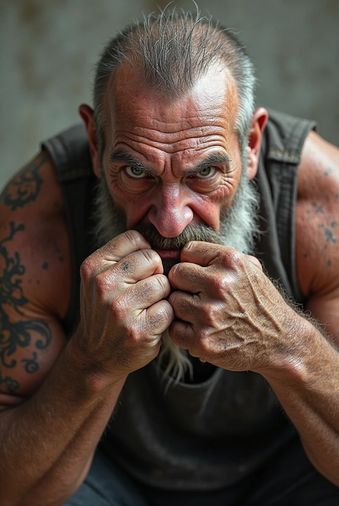 Muscular elderly man with metal claws on his knuckles