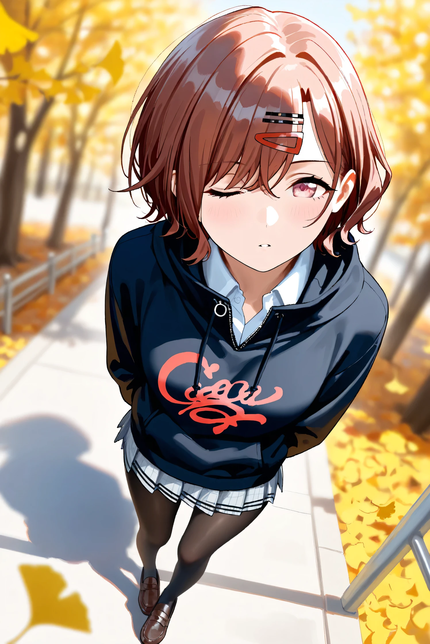 (Masterpiece), (Highest quality), (Very detailed), 
(The best shape), (Best Shadow), (Absurd), 
(Detailed background), (So beautiful), Shiny , 
Extraordinary, Countershading, 8k, 32K, High resolution, Beautiful eyes in every detail,
Very Detailed CG, UHD,

Score_9, Score_8_up, Score_7_up, Source_anime, 
(Pastel painting:1.2), (Watercolor painting:1.2),
(Masterpiece, Detailed:1.2), (Foreshortening:1.3),

Cinematic, Dramatic, (Depth of field:1.4),
(Blurry background:1.4), (Realistic background:1.4),
(Foreshortening:1.3),Dynamic angle, 1 girl,
Outdoor, autumn, Ginkgo, (autumn leaves:1.2),
from above, (High angle:1.2), (wide angle:1.3),

Higuchi Madoka,
The idolmaster shiny colors,

(school uniform:1.3),
hoodie, black hoodie, long sleeves hoodie,
Shirt collar,
Mini skirt, Light blue shirt, 
pantyhose, black pantyhose,
loafers,

(Blush:1.3), Expressionless, parted lips,
Hand guard,
looking up, one eye closed, looking at viewer,
Realistic skin, Shiny skin,