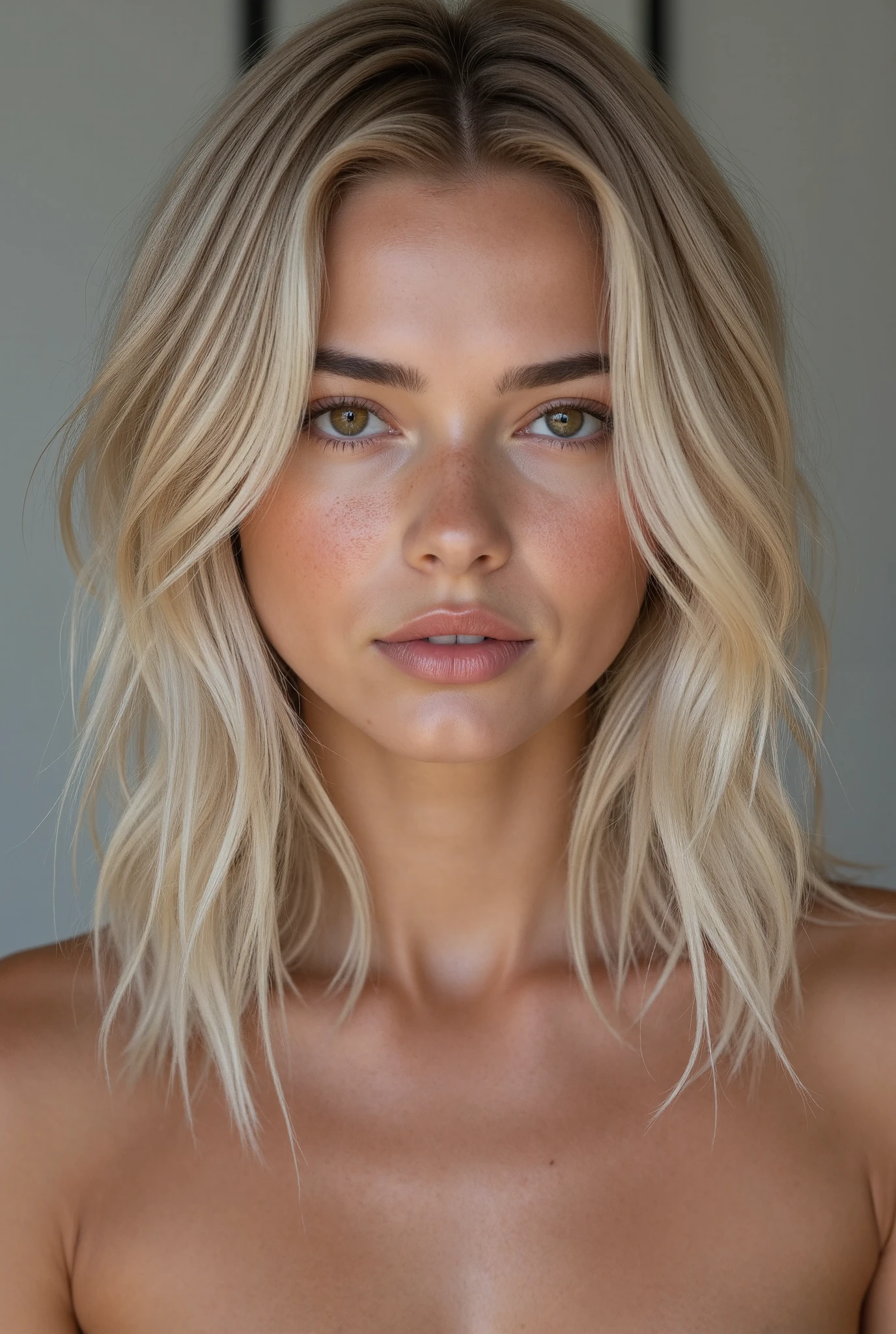 Maiken, blonde, 19 years old, perfect body, brown eyes, tan face, subtle nose freckles, small cute face, oval-shaped short face, young face, chubby face, big cheeks, soft facial features, almond eyes, Madelyn Cline, ((hyper bronze skin)), ((tan skin)), shoulder-length platinum blonde hair with dark roots and soft natural highlights, slight waves, middle part hairstyle, heavy bronzer makeup, Scandinavian/Latin beauty, delicate symmetrical features, full light-pink lips, small open mouth, no wrinkles, small cute nose, subtle chin, straight-style thin brows, soft expression, Nordic, Latina, ultra high resolution, photorealistic: 0.1.4, UHD, pretty face, very hot, ((front)), masterpiece, best quality, intricate