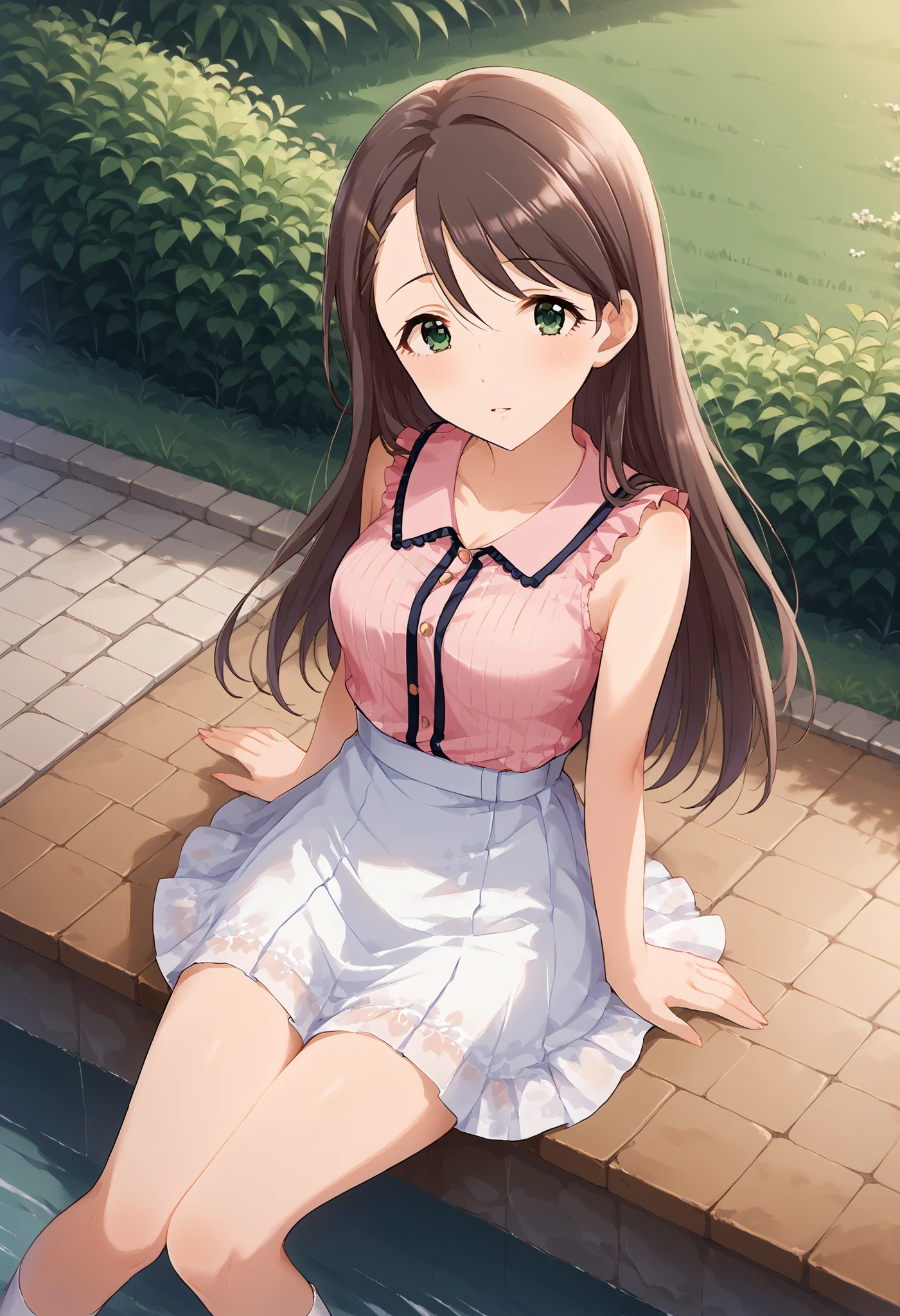 (((Nishikawa Honami ))),pink sleeveless,white short skirt,Outdoors,((shot from above)),medium breasts,thigh,sit,long hair,Ulchan-6500-v1.1, ( RAW photos :1.2), Beautiful Detailed, very detailedな目 美しい目,beautiful eyes,GREEN EYES ,file size is large, high resolution, very detailed, top quality, [masterpiece:1.6], Awareness-raising, very detailed, CG, finely, top quality, 8K wallpaper, perfect body shape,very detailed