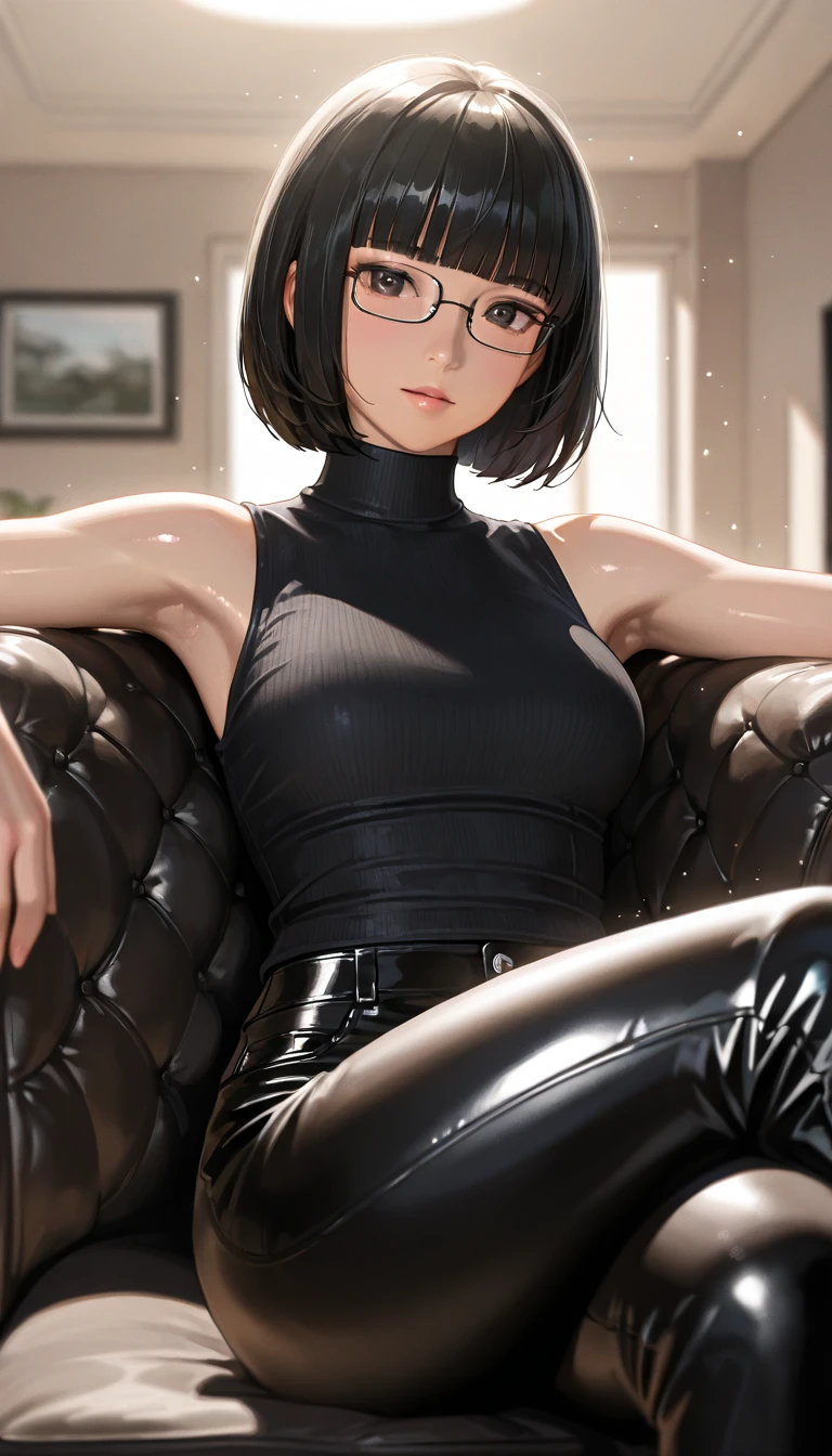 masterpiece, Super detailed, 8K Portrait, RAW Photos, Portrait Photography, Highly detailed face, 1 female, (Fighting Pose), 33 years old, (Small eyes), Glasses, (Black short bob hair), (Hair on one eye), (Light skin), (Loungewear:1.5), Midday Sun, Ultra-realistic, Body Model, (Small breasts:1.2), Beautiful breasts, (Big Ass), Long legs, living room, Ambient Lighting, Shadow Details, Camera focus on face, Strong winds, Light fog