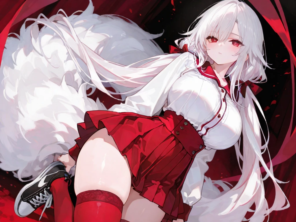 Cute white-haired fox monster girls, big bust, Red eyes,