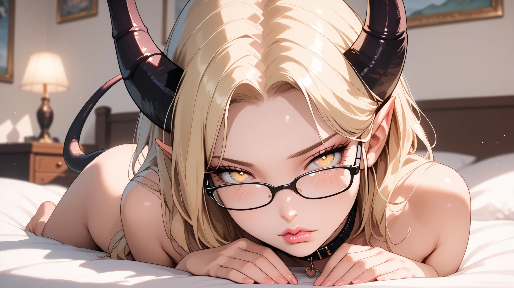 beautiful, High quality, tiefling, nude ,lies in bed on his stomach ,booty to top , Hands in front of you, tail ,sadness, cute face, black big horns, yellow eyes, blonde, glasses, bedroom , blurred background, realistic natural light, pink detailed lips, long background , good anatomy,, seductive look, nude , black collar