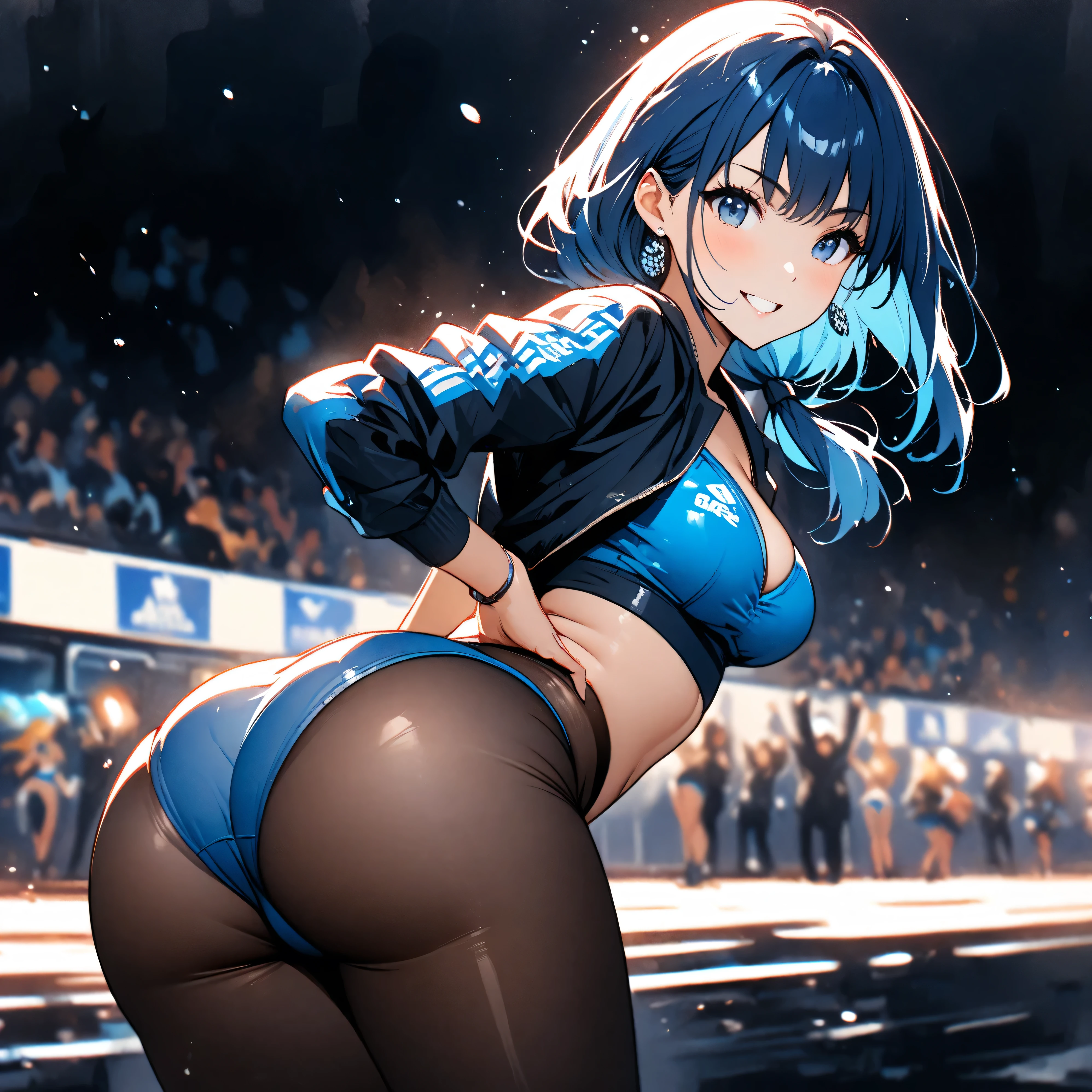 top quality、 super high accuracy 、Detailed drawing、art、Watercolor style illustration、 bright colors、vivid、alone、 beautiful girl 、Age 30、black background, beautiful ass at the old train station、 emphasizes buttocks、high leg cut 、Twist your waist、beautiful big 、cleavage、Soft body、bending forward、jump, dance、backshot、Race Queen Costume 、 blue bikini、neck slit、fit shirt、luster、Banzai pose、Delighted、Black Pantyhose 、Pantyline、Mesh Material,Sponsor logos、low ponytail,Smooth blue hair、Swelling、 Flowers fluttering down、 A smile that doesn't show teeth、closed mouth、 beautiful figure 、 Checkered flag、slender figure 、accessory 、Bunch of Light 、earrings for a woman