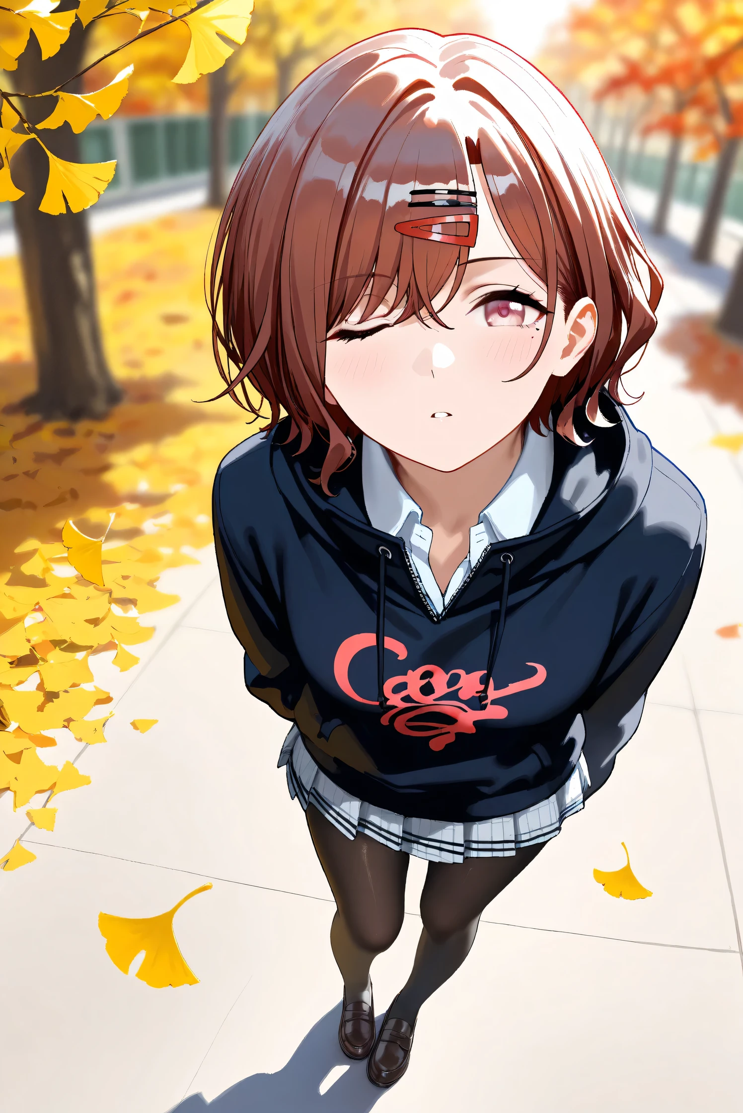 (Masterpiece), (Highest quality), (Very detailed), 
(The best shape), (Best Shadow), (Absurd), 
(Detailed background), (So beautiful), Shiny , 
Extraordinary, Countershading, 8k, 32K, High resolution, Beautiful eyes in every detail,
Very Detailed CG, UHD,

Score_9, Score_8_up, Score_7_up, Source_anime, 
(Pastel painting:1.2), (Watercolor painting:1.2),
(Masterpiece, Detailed:1.2), (Foreshortening:1.3),

Cinematic, Dramatic, (Depth of field:1.4),
(Blurry background:1.4), (Realistic background:1.4),
(Foreshortening:1.3),Dynamic angle, 1 girl,
Outdoor, autumn, Ginkgo, (autumn leaves:1.2),
from above, (High angle:1.2), (wide angle:1.3),

Higuchi Madoka,
The idolmaster shiny colors,

(school uniform:1.3),
hoodie, black hoodie, long sleeves hoodie,
Shirt collar,
Mini skirt, Light blue shirt, 
pantyhose, black pantyhose,
loafers,

(Blush:1.3), Expressionless, parted lips,
Hand guard,
looking up, one eye closed, looking at viewer,
Realistic skin, Shiny skin,