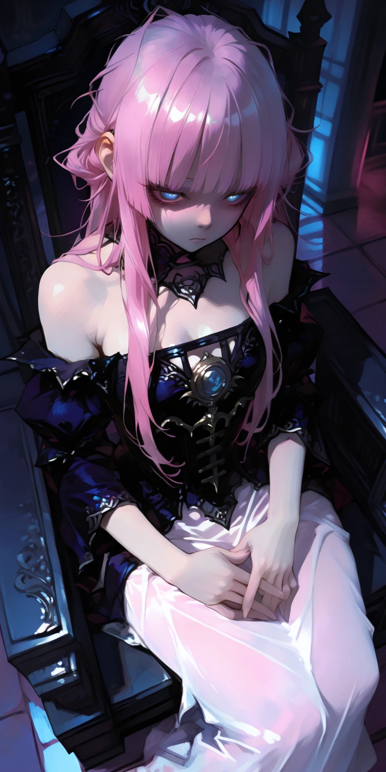 A pink haired woman with violet eyes is wearing a deep v-neck gown in a gothic throne
