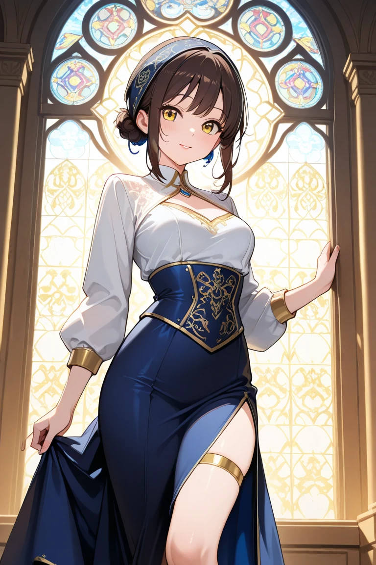 best quality, masterpiece, high resolution, 1 Girl, clear silk porcelain skirt, Pretty Face, Hair accessories, Looking at the audience, Smile, shut your mouth, Lips, skirt, Hair accessories, necklace, jewelry, Long hair, earrings, Pretty Face, Physically, The Tyndall effect, realism, Dark Studio, Side lighting, Two-color lighting, (High Detail Skin: 1.2), 8K Ultra HD, DSLR camera, Soft Light, high quality, Volumetric Lighting, photo, high resolution 4K, 8k, Blurred background, Octane Render