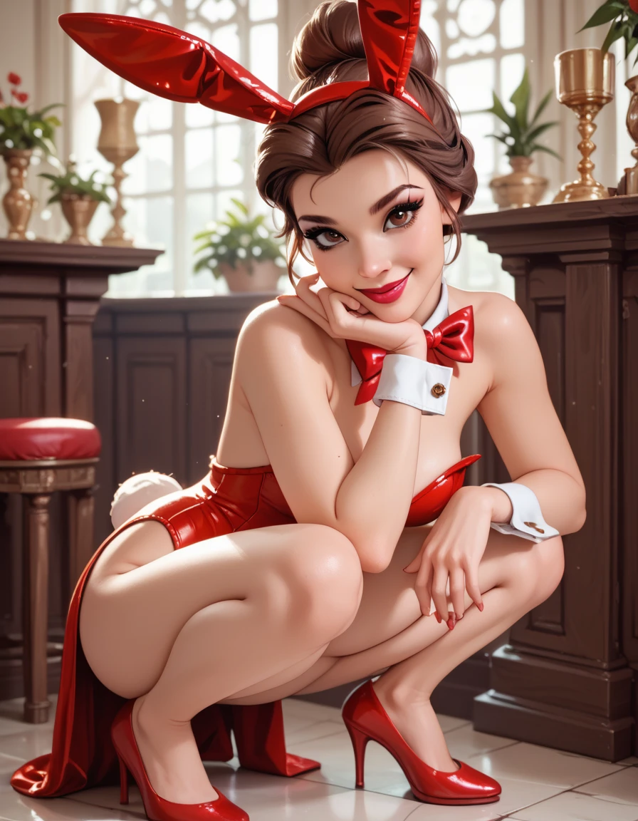 A woman with brown hair and blue eyes, dressed in a white and red corset and bunny ears, poses for the camera.