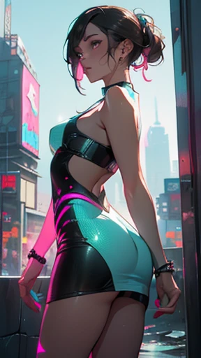 there is Margot Robbie, navy blue and bright purple neon streaked hair, nice ass, hair in pony tail, 3 d neon art of a womans body, neon-noir background, cyberpunk femme fatale, seductive cyberpunk dark fantasy, cyberpunk strip clubs, cyberpunk 20 y. o model girl, oppai cyberpunk, banner, high definition cgsociety, cgsociety masterpiece, trending on cgstation, kda, random hair, looking at camera, gigantic breasts, cleavage, (high detailed skin:1.2), 8k uhd, dslr, super lighting, high quality, film grain, high res, highly detailed, hyper realistic, beautiful face, beautiful body, beautiful eyes nose lips, alluring expression, very bold, upper visible, full body photo, standing legs apart, standing, ((back to camera:1.6)), pale translucent glowing skin, most beautiful face, cute, (well defined pubic hair:1.2)), (dark plain black background:1.4))