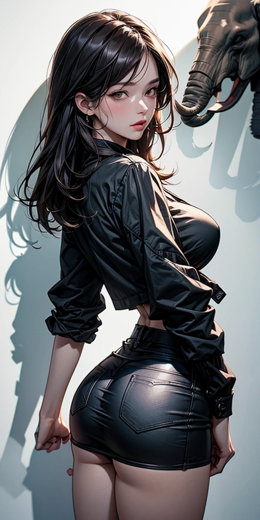 masterpiece, best quality, ultra-detailed),(1 young girl), 25 years old, dark gold eyes, long brown hair with a few strands on both sides of her face, white skinned, dynamic angle, dynamic pose, standing, natural lighting, floating, (colored top:1.2|black top), (tight skirt:1.2|jean pants:0.9), (natural background:0.8| cityscape), (serious expression), (light in the hair)