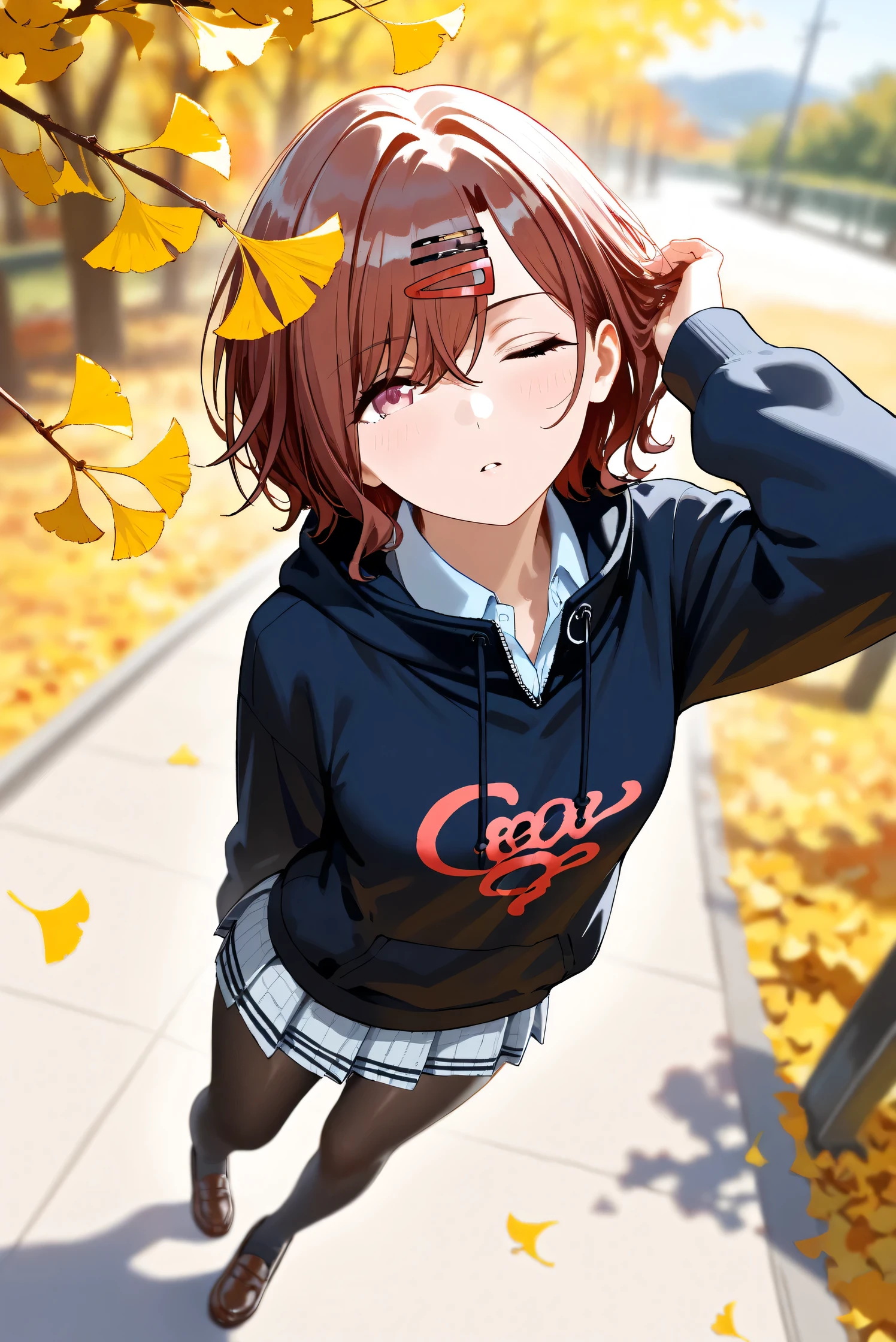 (Masterpiece), (Highest quality), (Very detailed), 
(The best shape), (Best Shadow), (Absurd), 
(Detailed background), (So beautiful), Shiny , 
Extraordinary, Countershading, 8k, 32K, High resolution, Beautiful eyes in every detail,
Very Detailed CG, UHD,

Score_9, Score_8_up, Score_7_up, Source_anime, 
(Pastel painting:1.2), (Watercolor painting:1.2),
(Masterpiece, Detailed:1.2), (Foreshortening:1.3),

Cinematic, Dramatic, (Depth of field:1.4),
(Blurry background:1.4), (Realistic background:1.4),
(Foreshortening:1.3),Dynamic angle, 1 girl,
Outdoor, autumn, Ginkgo, (autumn leaves:1.2),
from above, (High angle:1.2), (wide angle:1.3),

Higuchi Madoka,
The idolmaster shiny colors,

(school uniform:1.3),
hoodie, black hoodie, long sleeves hoodie,
Shirt collar,
Mini skirt, Light blue shirt, 
pantyhose, black pantyhose,
loafers,

(Blush:1.3), Expressionless, parted lips,
touching hair, arched back,
looking up, one eye closed, looking at viewer,
Realistic skin, Shiny skin,