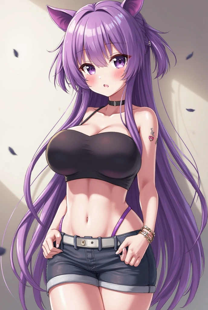 Wolf Girl, Large Breasts, Voluminous purple hair, masterpiece , Red eyes, hd, Thick thighs, Head to Chest, buried in my chest、Underboob、Double teeth、tooth、Sleeveless shirt、Shorts、Chubby、Grinning