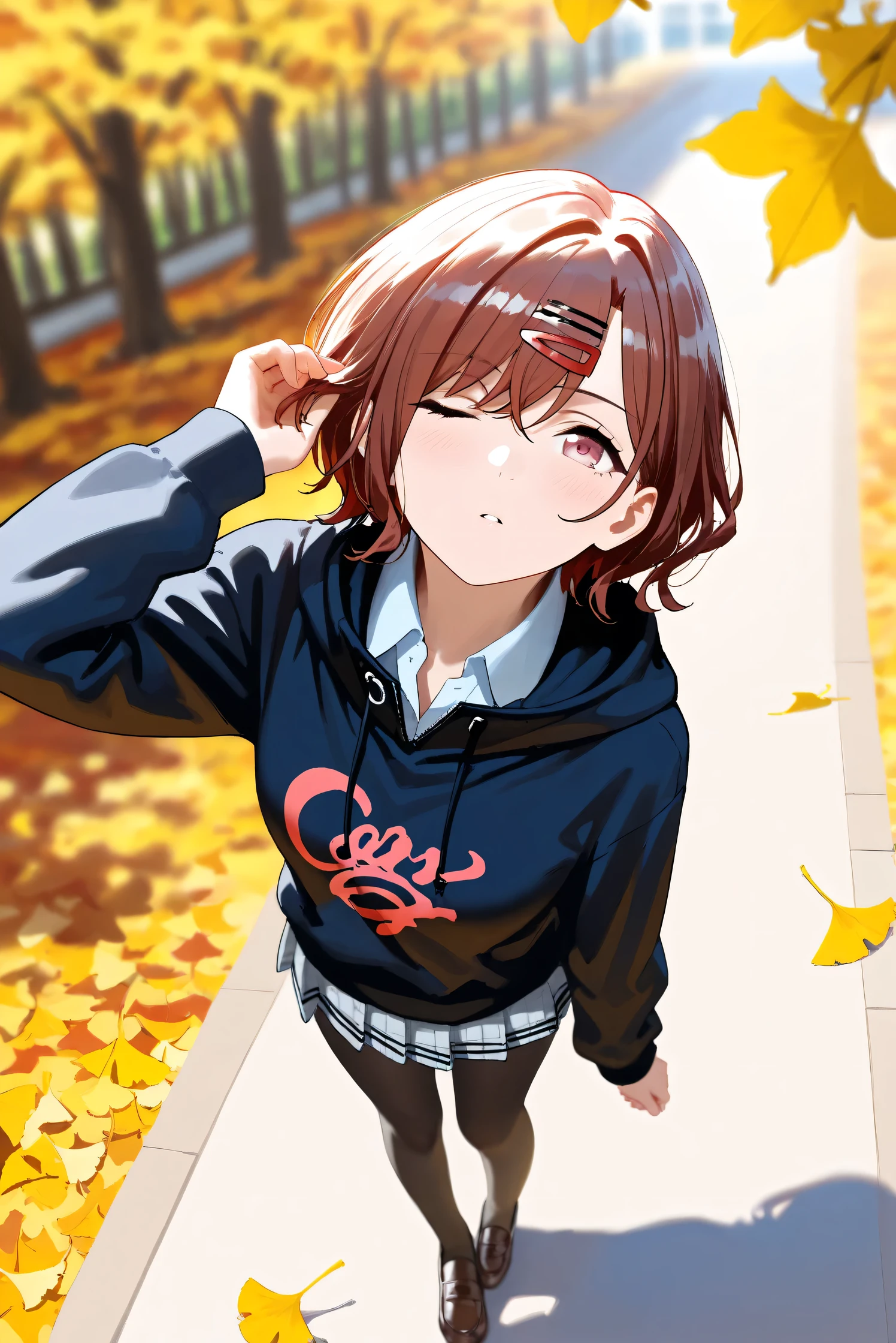 (Masterpiece), (Highest quality), (Very detailed), 
(The best shape), (Best Shadow), (Absurd), 
(Detailed background), (So beautiful), Shiny , 
Extraordinary, Countershading, 8k, 32K, High resolution, Beautiful eyes in every detail,
Very Detailed CG, UHD,

Score_9, Score_8_up, Score_7_up, Source_anime, 
(Pastel painting:1.2), (Watercolor painting:1.2),
(Masterpiece, Detailed:1.2), (Foreshortening:1.3),

Cinematic, Dramatic, (Depth of field:1.4),
(Blurry background:1.4), (Realistic background:1.4),
(Foreshortening:1.3),Dynamic angle, 1 girl,
Outdoor, autumn, Ginkgo, (autumn leaves:1.2),
from above, (High angle:1.2), (wide angle:1.3),

Higuchi Madoka,
The idolmaster shiny colors,

(school uniform:1.3),
hoodie, black hoodie, long sleeves hoodie,
Shirt collar,
Mini skirt, Light blue shirt, 
pantyhose, black pantyhose,
loafers,

(Blush:1.3), Expressionless, parted lips,
putting hair in ears, arched back,
looking up, one eye closed, looking at viewer,
Realistic skin, Shiny skin,