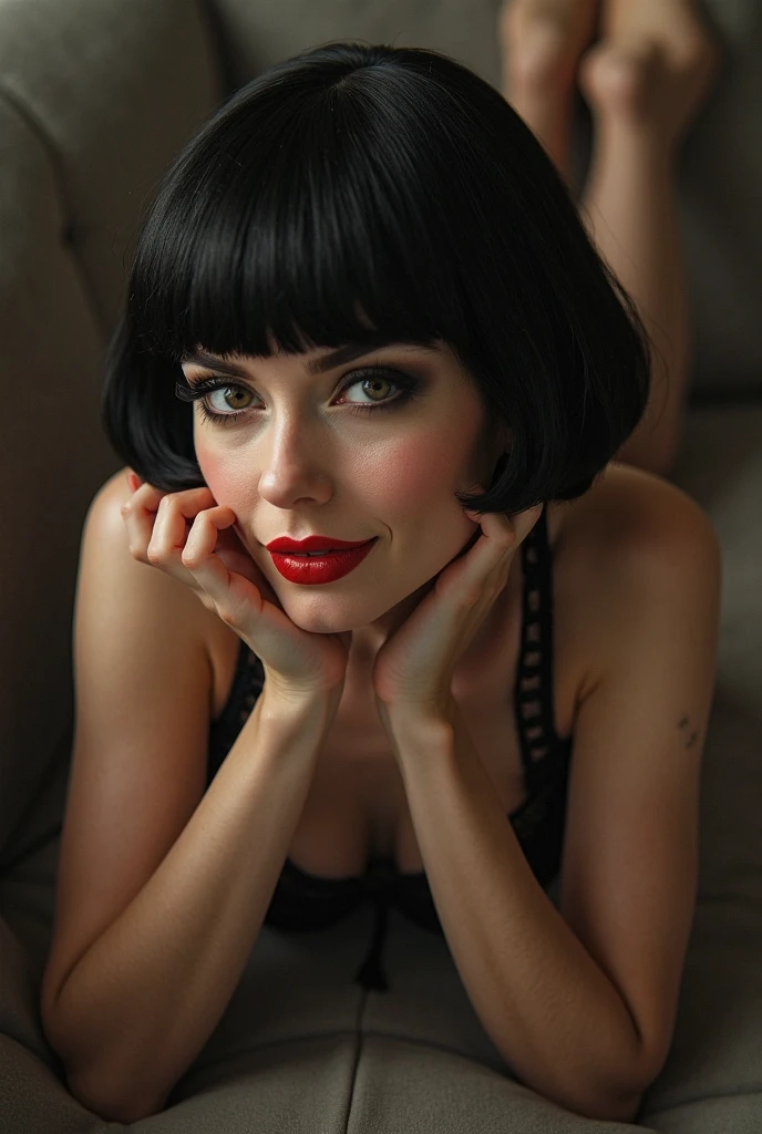 ((Accessories)) ((detailded)) ((well done art)) ((cabelo da betty Boop)) a woman with short black hair and bright blue eyes, an intimidating gaze, a short black dress, a large bust ((gyaru style)) (Lying down in a dark room)) Your clothes are pajamas. ((A lingerie dress)) ((small and slanted eyes))