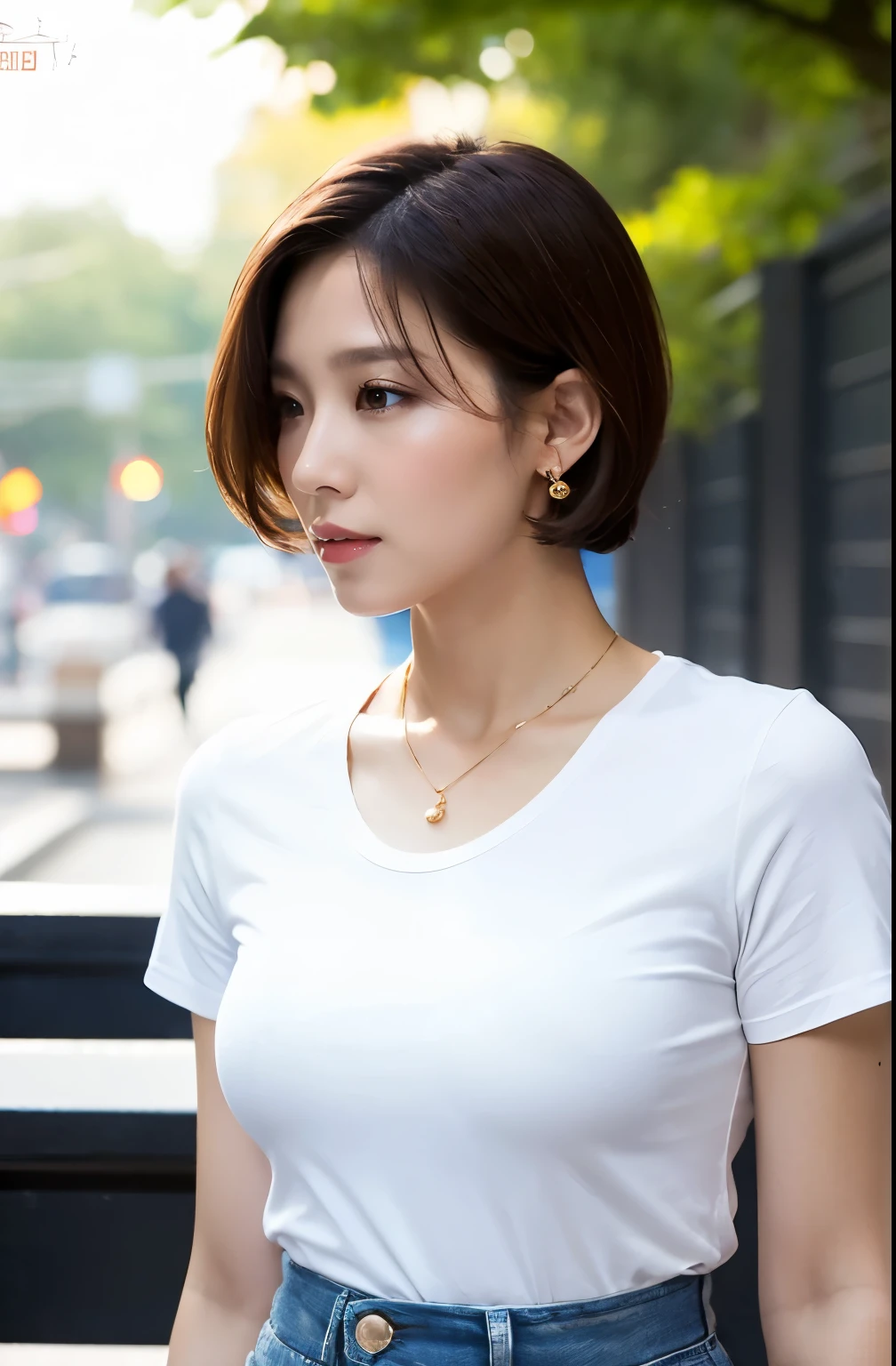 super high quality, smile, Slenderのネックレス, Slender, The staff is working at the counter in the back., (8k、RAW Photos、Highest quality、masterpiece:1.2), Stylish café, (Realistic、Photorealistic:1.37), Beautiful Face , Urban Cafe, Golden Ratio, Raw photo, Light Brown Hair, Small breasts, Bright cafe interior, Blurred Background, Famous actress, Summer clothes, Beautiful hairstyle, Photographed inside the cafe, Hair blowing in the wind, Neat clothes, T-Shirts, Very Short Hair, 18-year-old, Cool older sister, Stylish clothes,