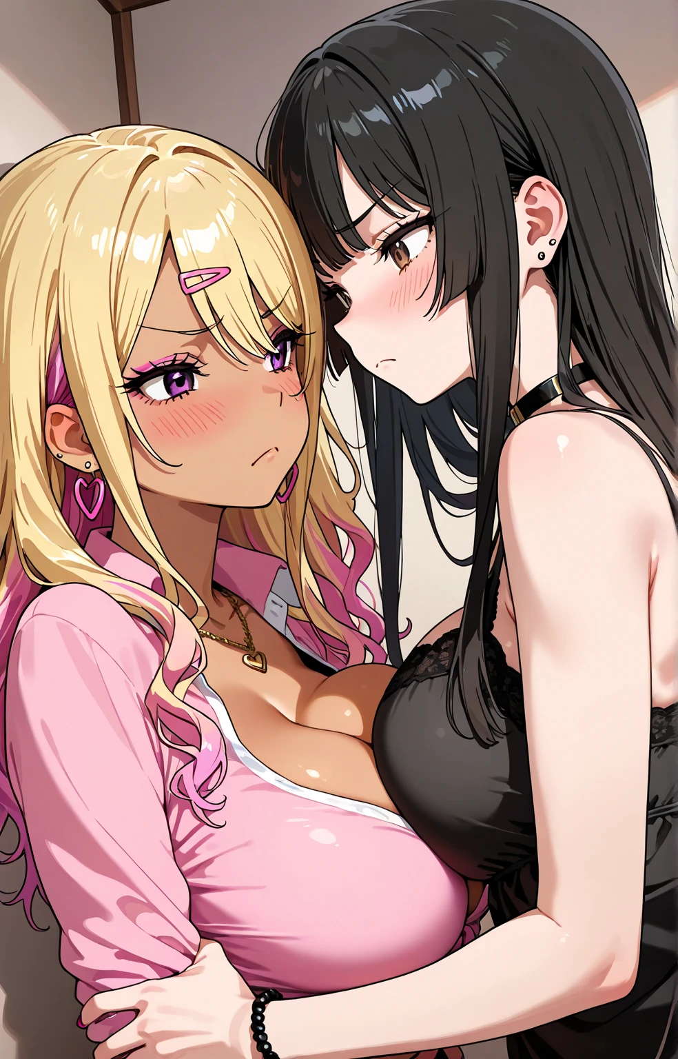 ((1 girl)), thick bluish eyeshadow, thin eyebrows, thick black eyeliner, Highlighted eyes with eyeliner, false eyelashes,,(tanned skin:1.2),yellow skin, black hair, lightsmile,gyaru,huge breast,neckress,button gap, sleeves rolled up, white bracelet, BREAK cleavage, BREAK pink pleated skirt, black miniskirt,pink bra,pink panty,pink yshirt,((cute face))